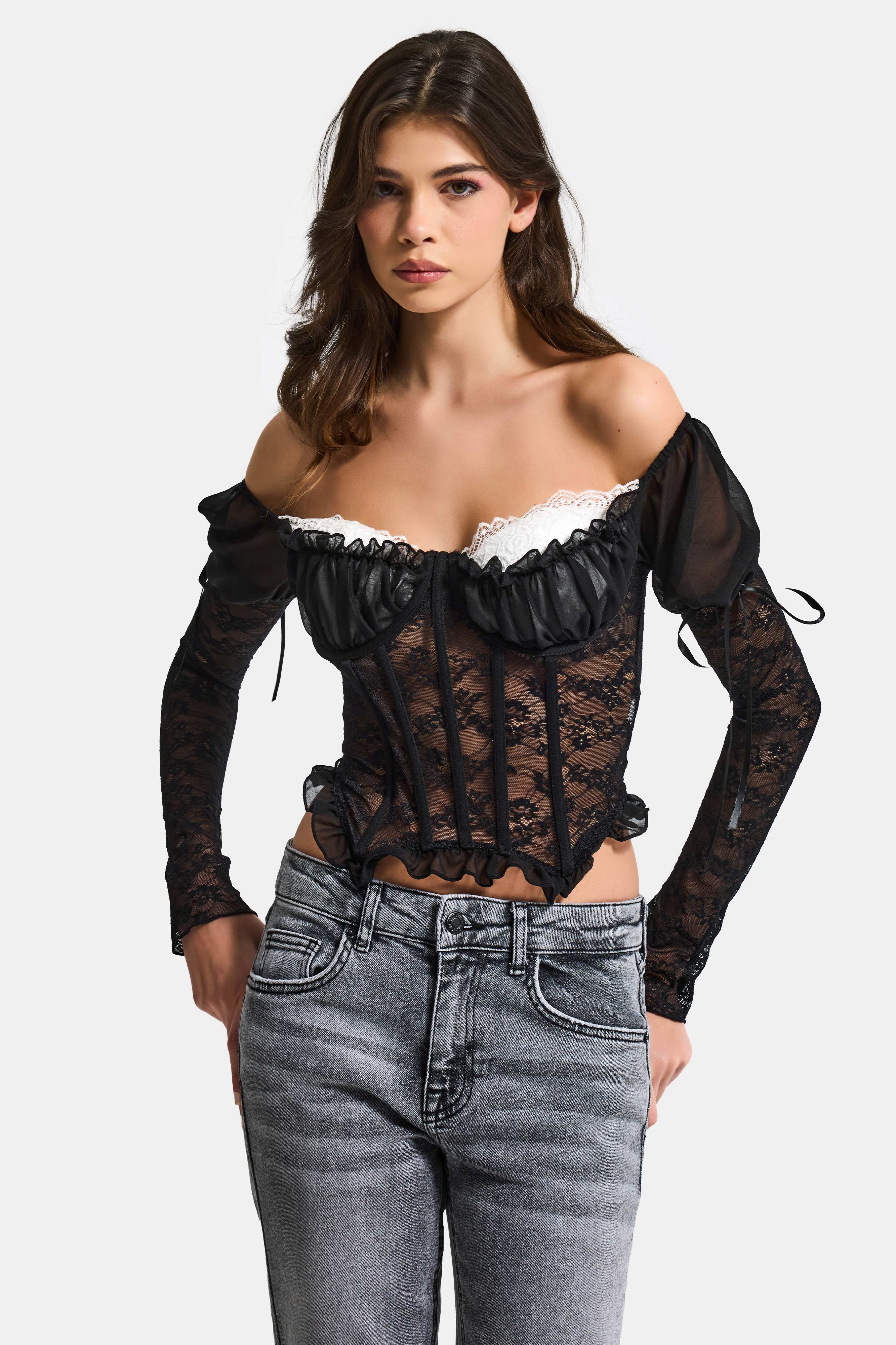 Kadın Siyah Balenli Omuz Detaylı Dantelli Beyaz Pedli Özel Tasarım Büstiyer