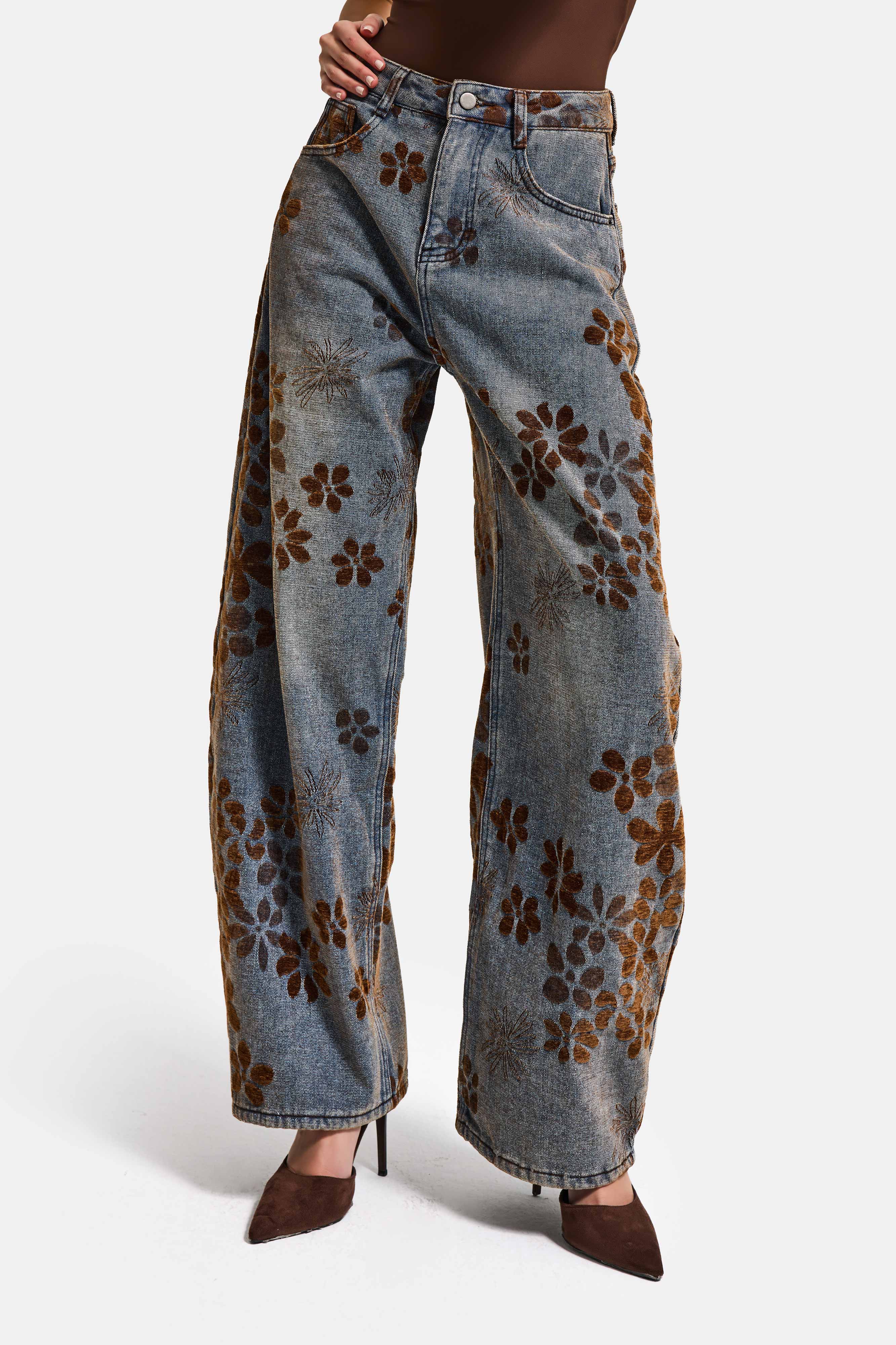 Kadın T.Kot Rengi s5-8 Özel Flok Desenli Skater Fit Tasarım Denim Jean