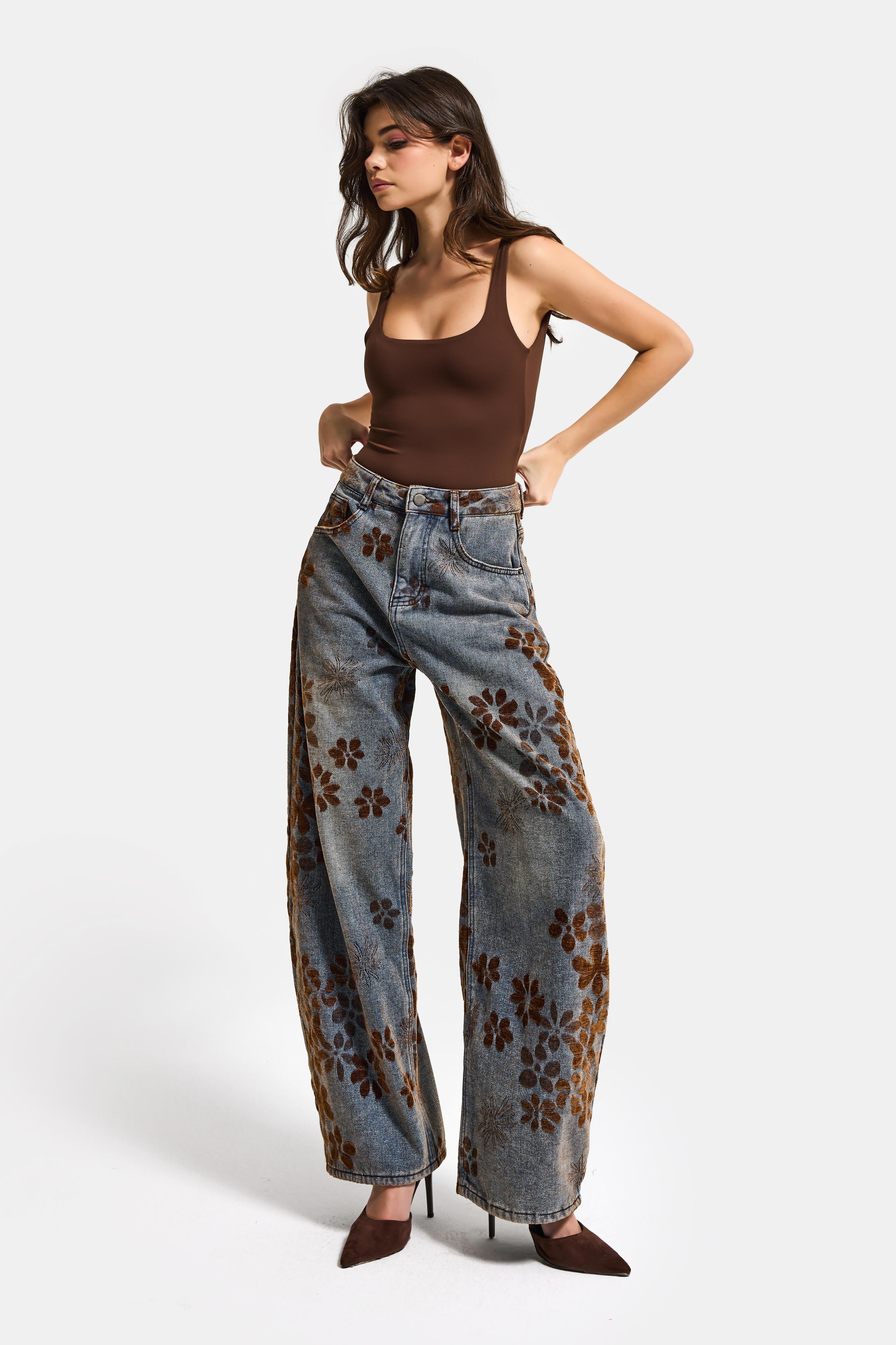 Kadın T.Kot Rengi s5-8 Özel Flok Desenli Skater Fit Tasarım Denim Jean