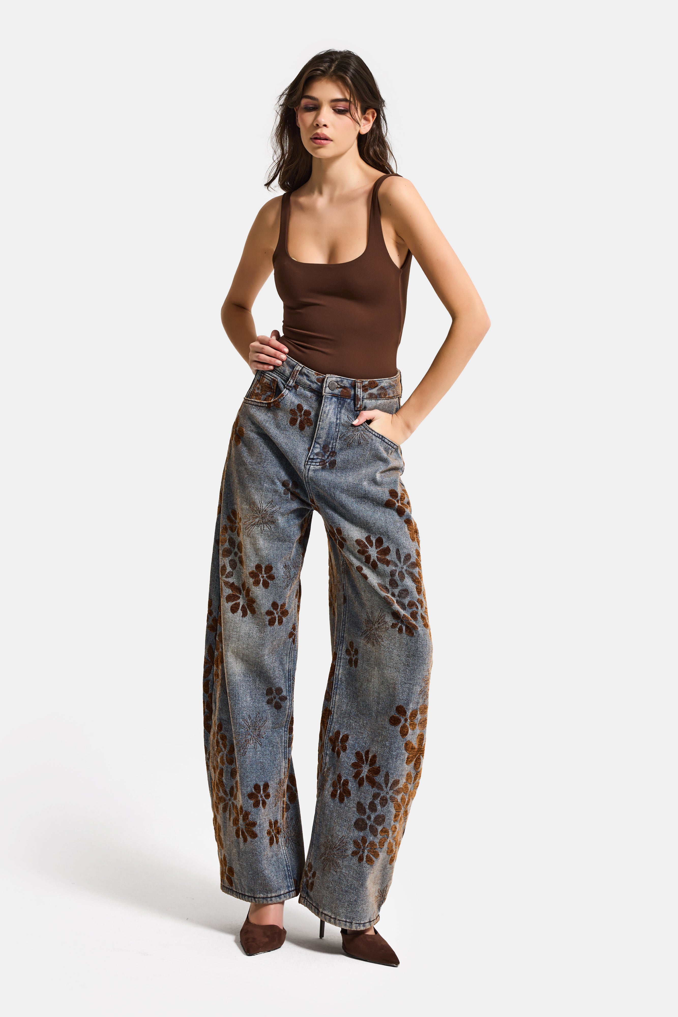 Kadın T.Kot Rengi s5-8 Özel Flok Desenli Skater Fit Tasarım Denim Jean