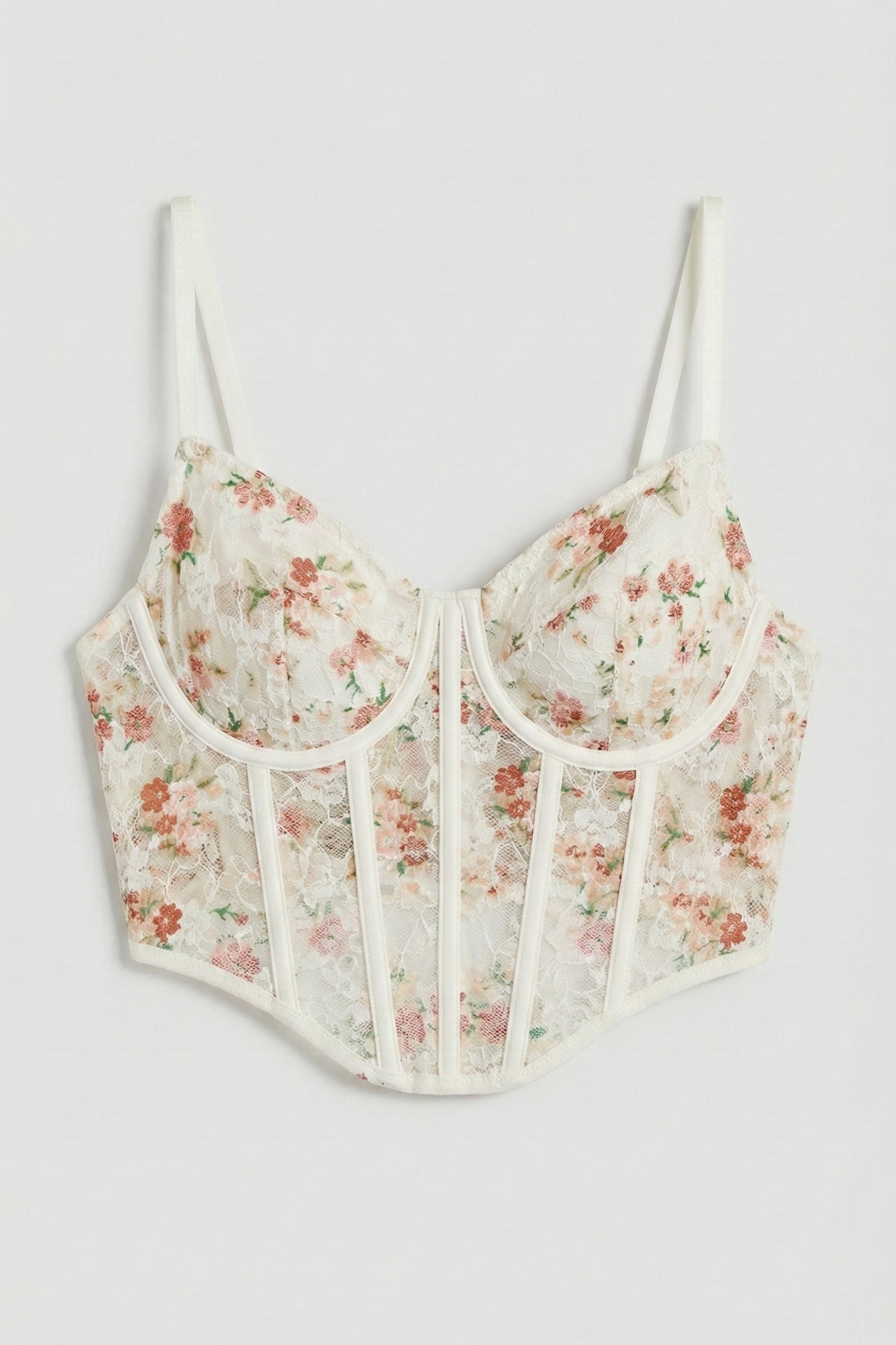 Kadın Ekru Çiçekli w5 Balenli Askılı Dantel Çiçek Desenli Özel Tasarım Büstiyer