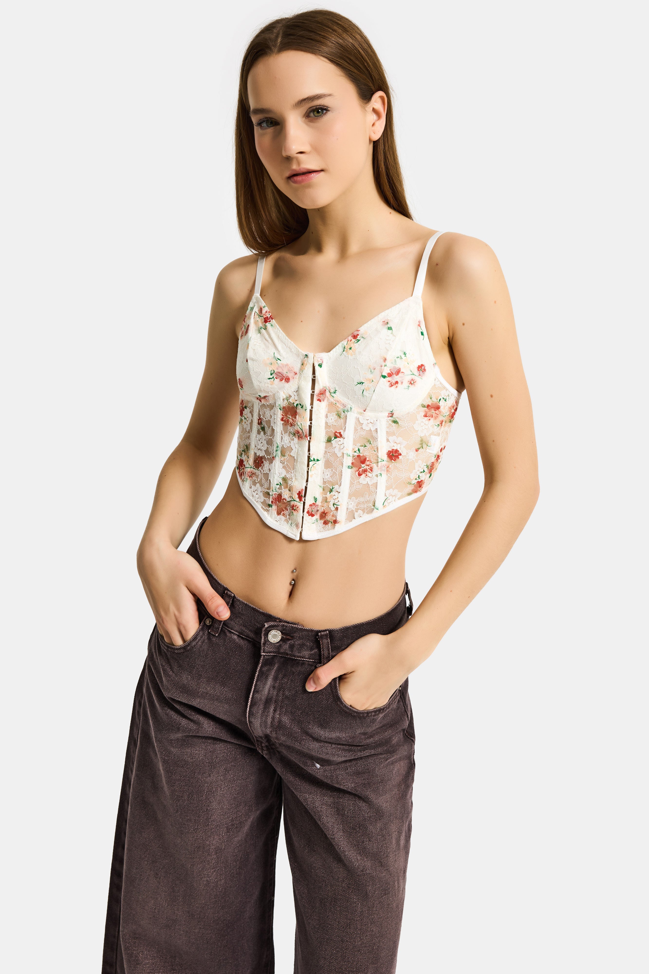 Kadın Ekru Çiçekli w5 Balenli Askılı Dantel Çiçek Desenli Özel Tasarım Büstiyer