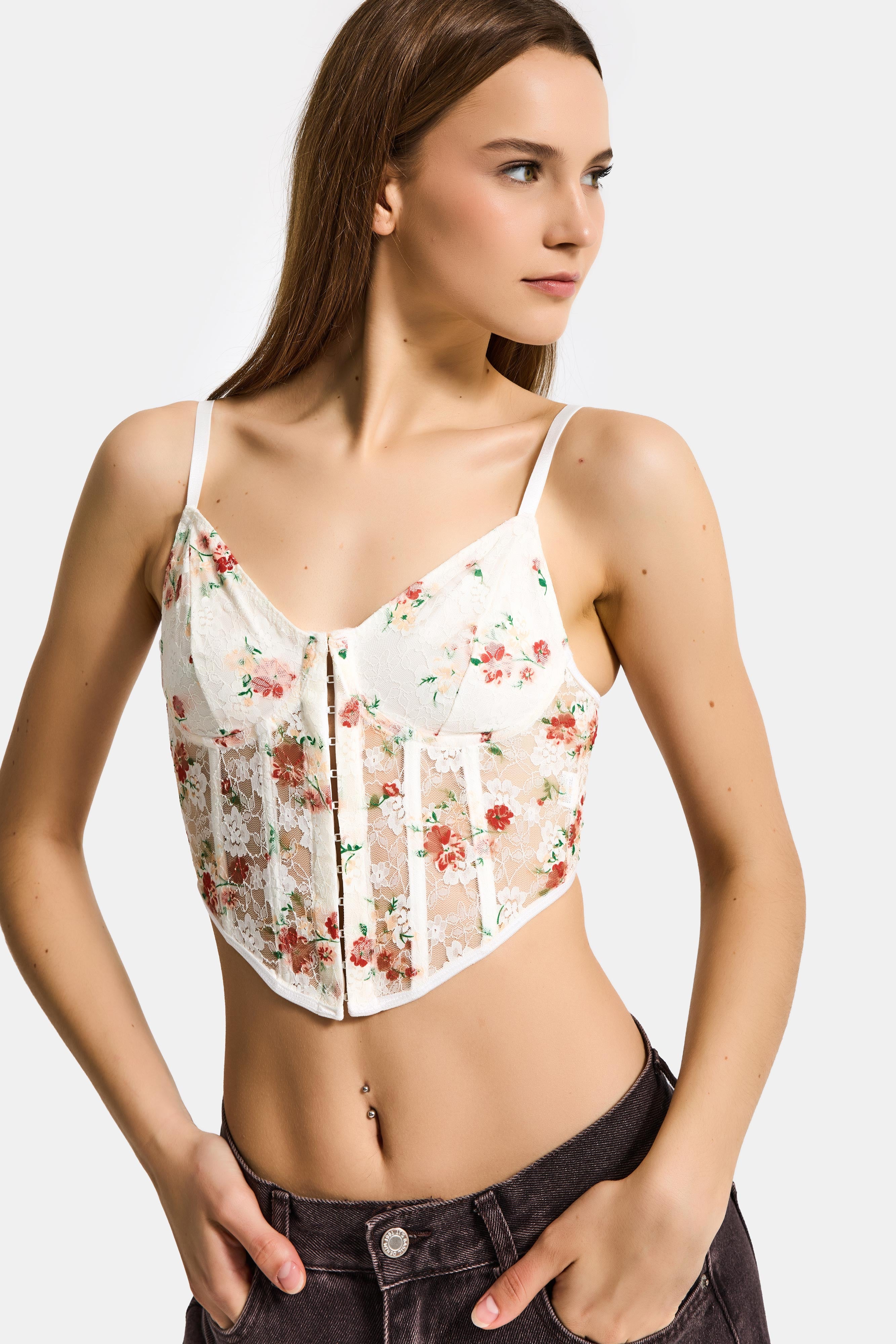 Kadın Ekru Çiçekli w5 Balenli Askılı Dantel Çiçek Desenli Özel Tasarım Büstiyer