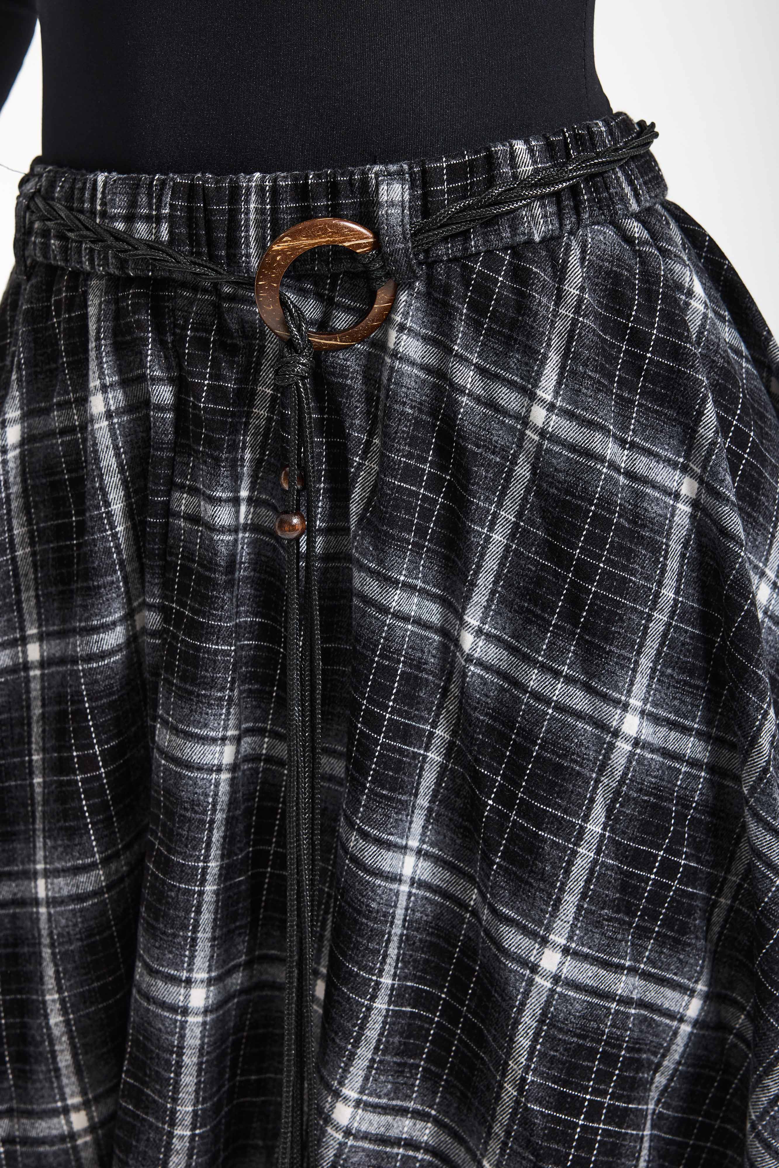 Kadın Siyah Ekose w5 Asimetrik Kesim Kemerli Özel Tasarım %100 Pamuk Etek