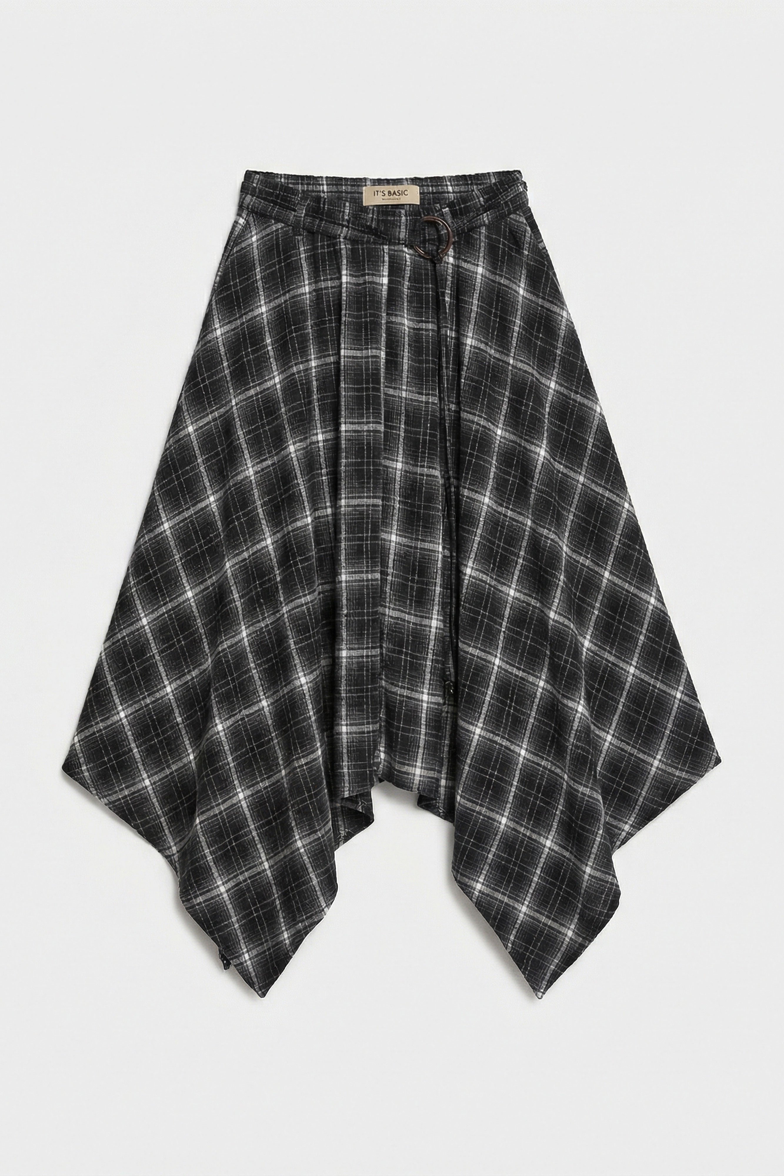 Women's Black Plaid w5 Asymmetrical Cut Belted Special Design 100% Cotton Skirt