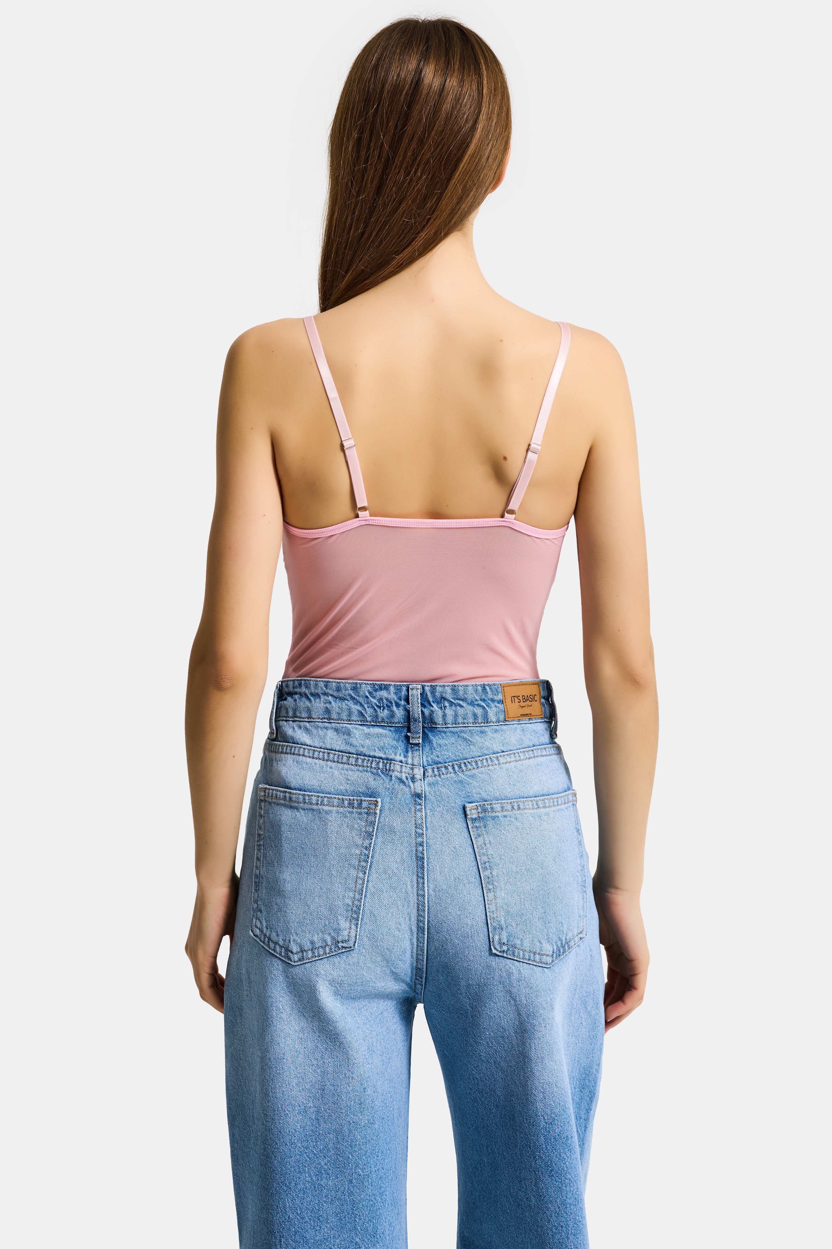 Kadın Pembe w5 Çıtçıtlı Toparlayıcı Özel Çiçek ve Dantel Desenli Tasarım Askılı Body