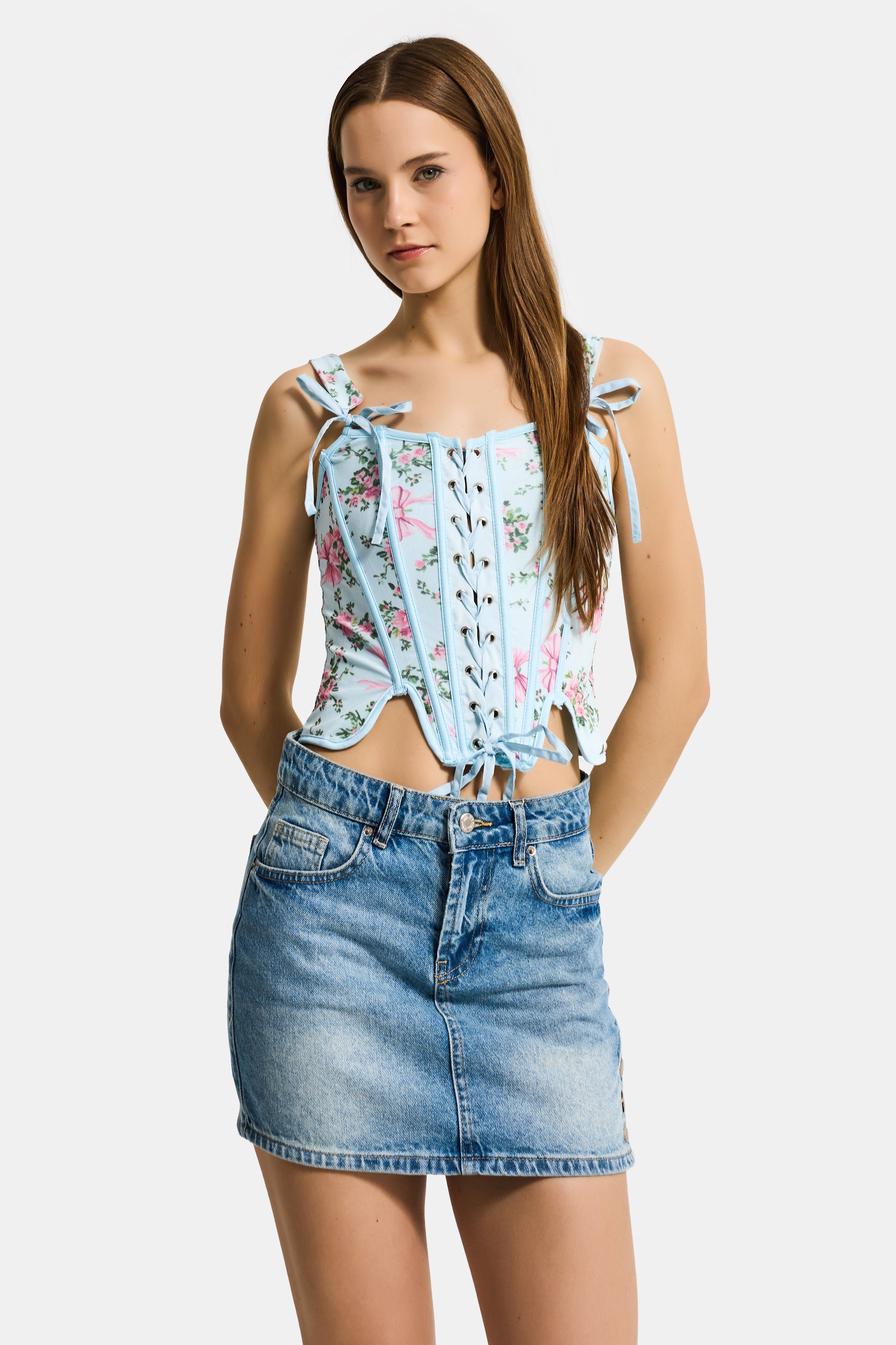 Kadın Mavi w5 Balenli Crop Çiçek Desenli Dantel Detaylı Özel Tasarım Büstiyer