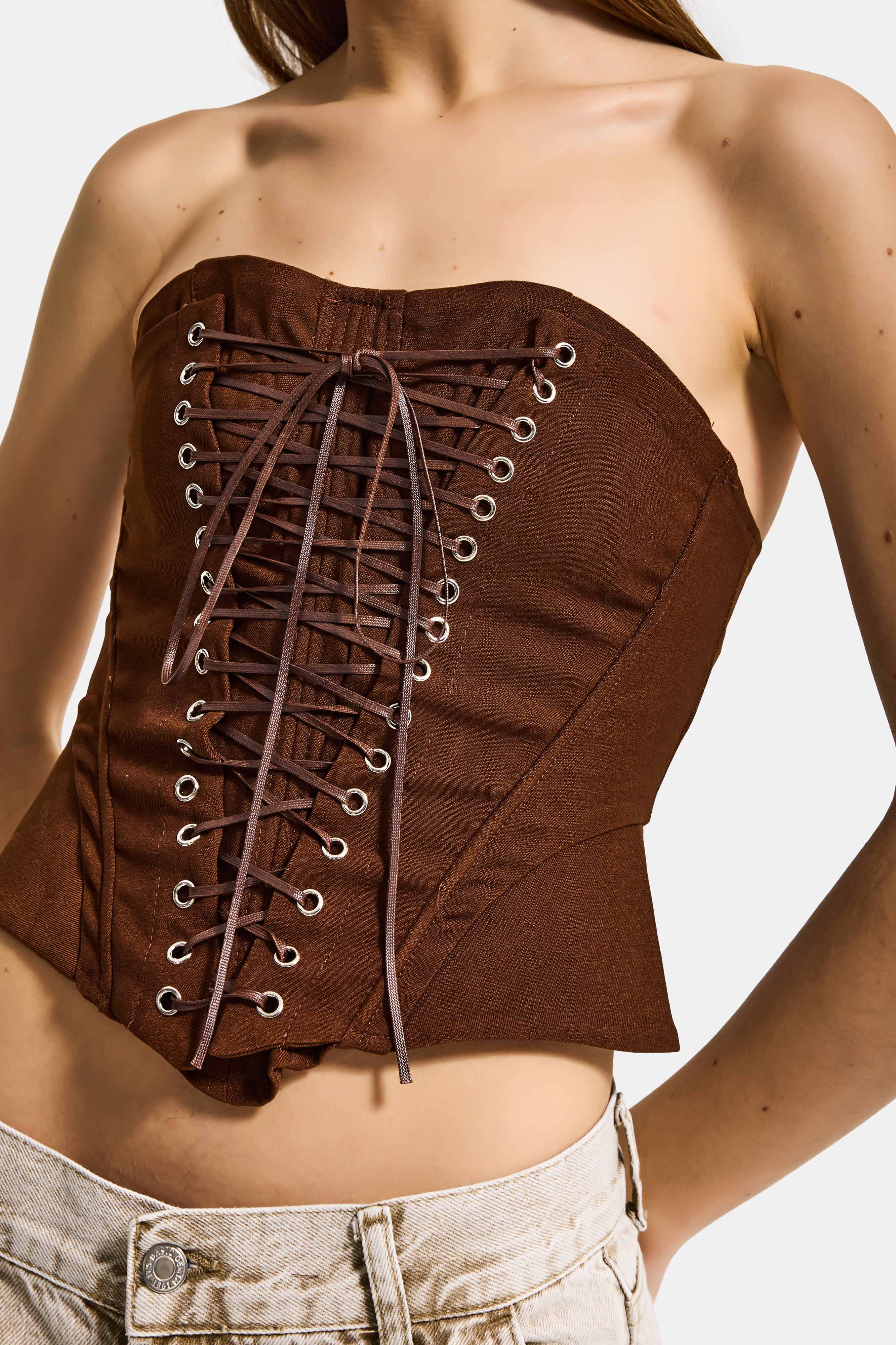 Kadın Kahverengi w5 Crop Kuş Gözü ve Bağcık Detaylı Straplez Özel Tasarım Büstiyer