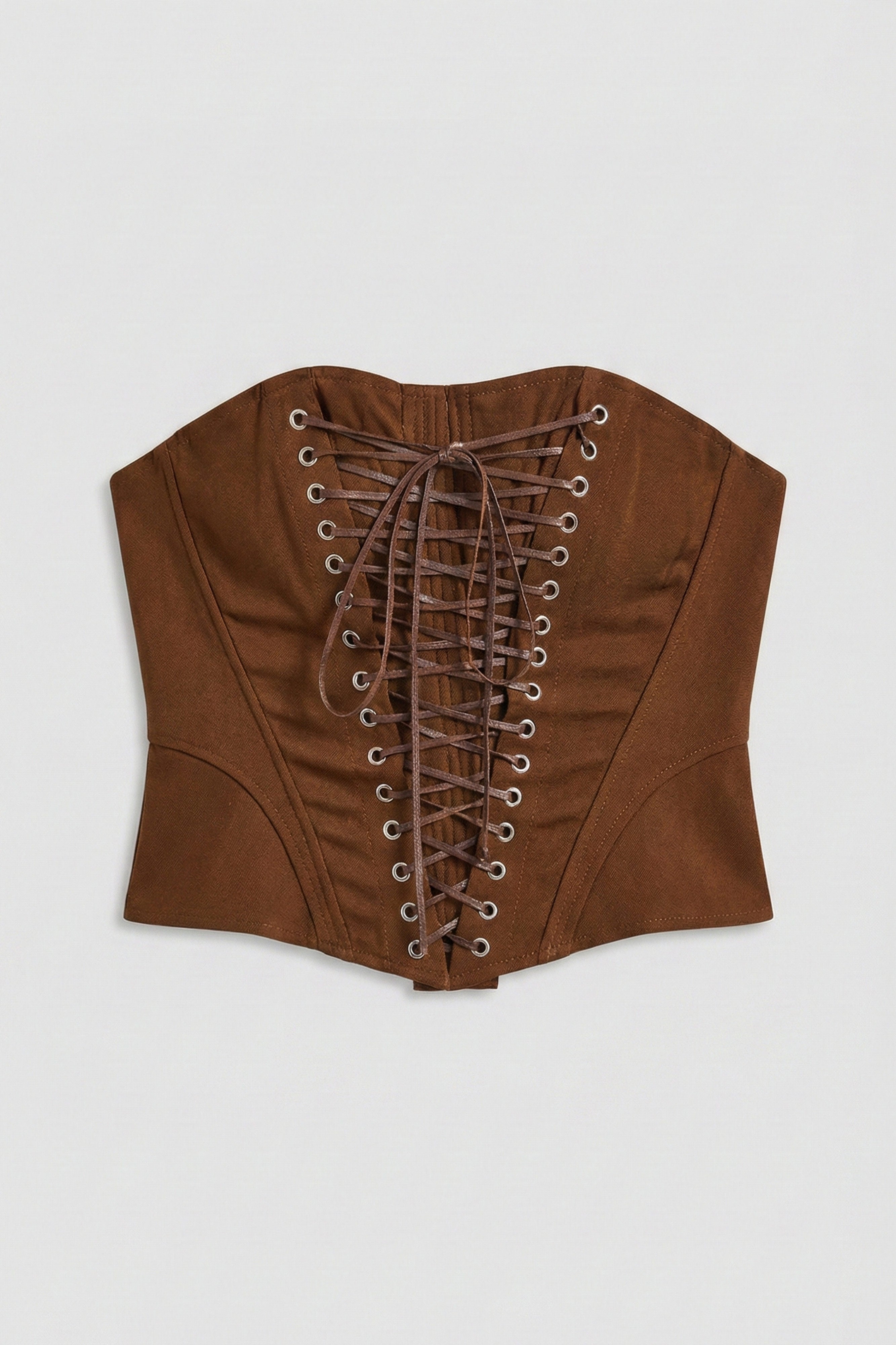 Kadın Kahverengi w5 Crop Kuş Gözü ve Bağcık Detaylı Straplez Özel Tasarım Büstiyer