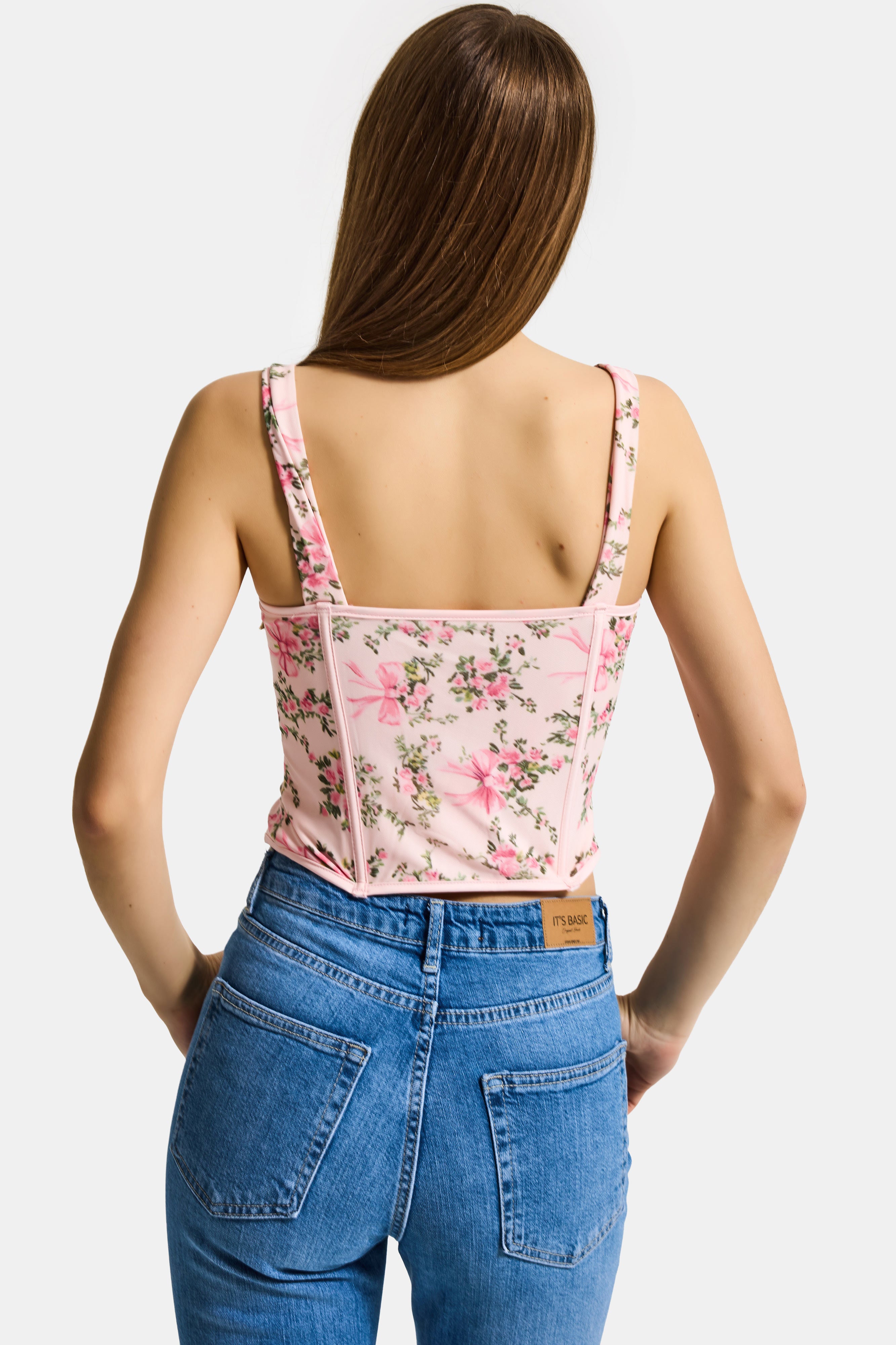 Kadın Pembe Çiçekli w5 Balenli Kuş Gözü Detaylı Özel Desen Tasarım Askılı Büstiyer