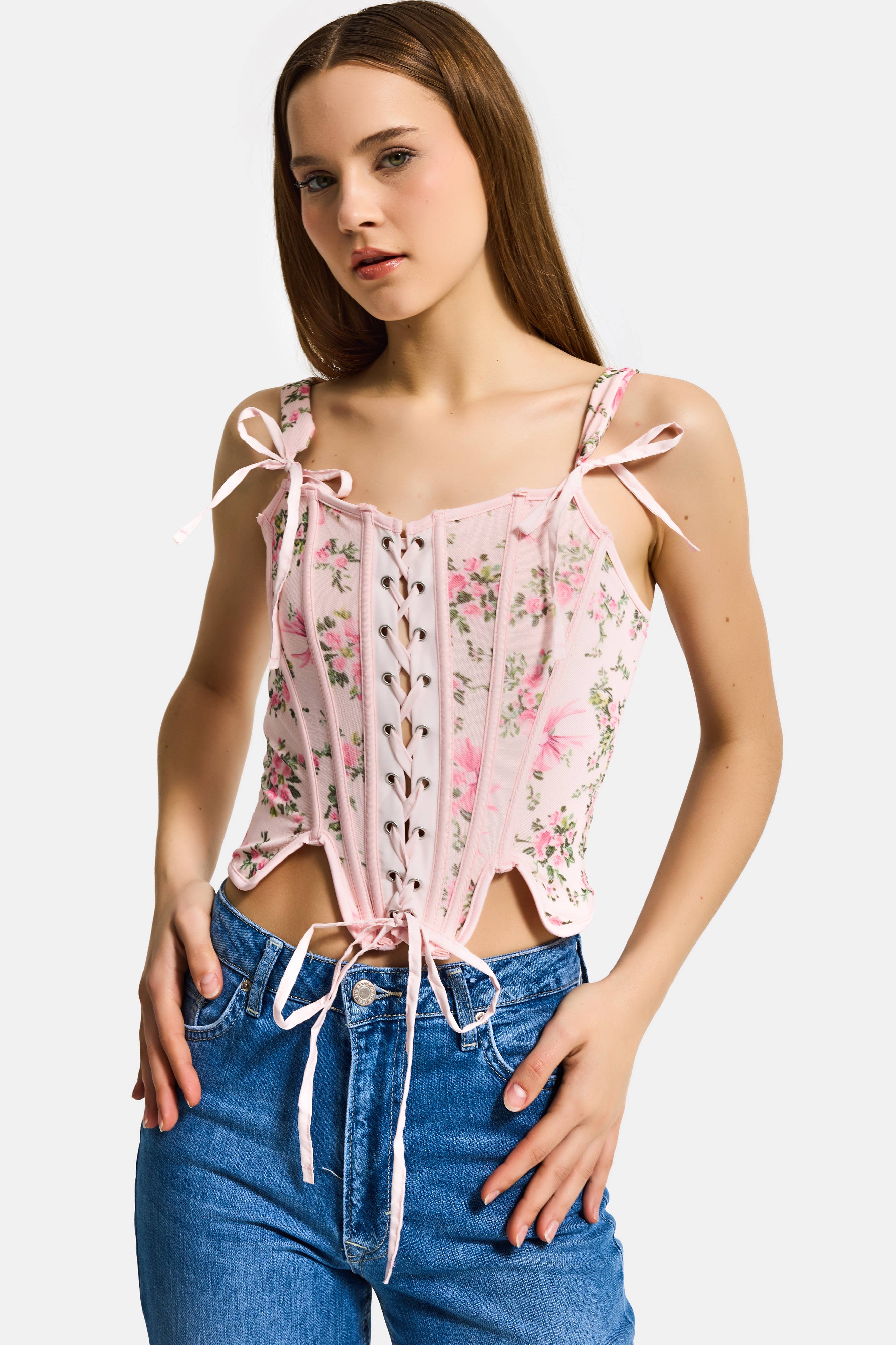 Kadın Pembe Çiçekli w5 Balenli Kuş Gözü Detaylı Özel Desen Tasarım Askılı Büstiyer