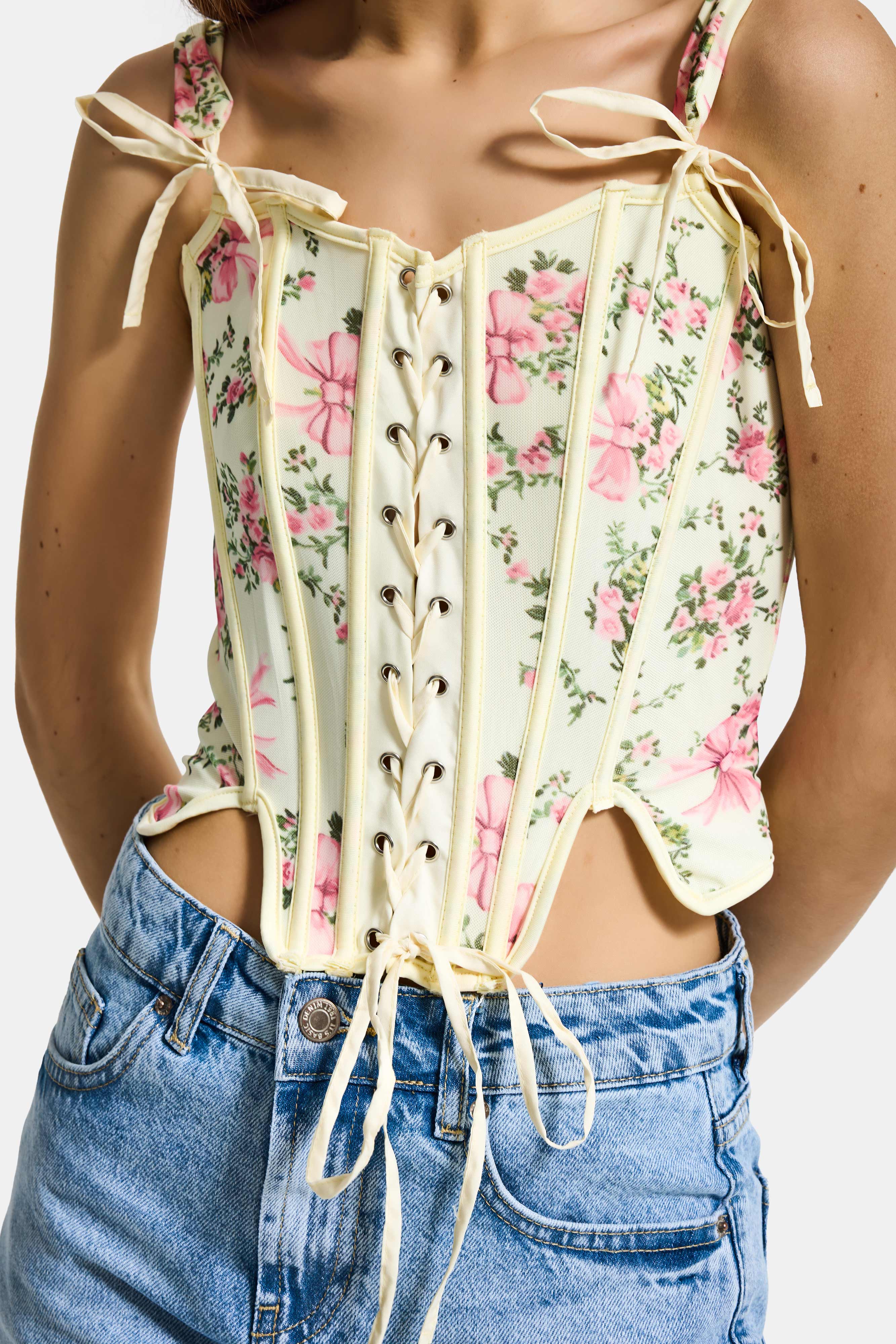 Kadın Sarı Çiçekli w5 Balenli Kuş Gözü Detaylı Özel Desen Tasarım Askılı Büstiyer