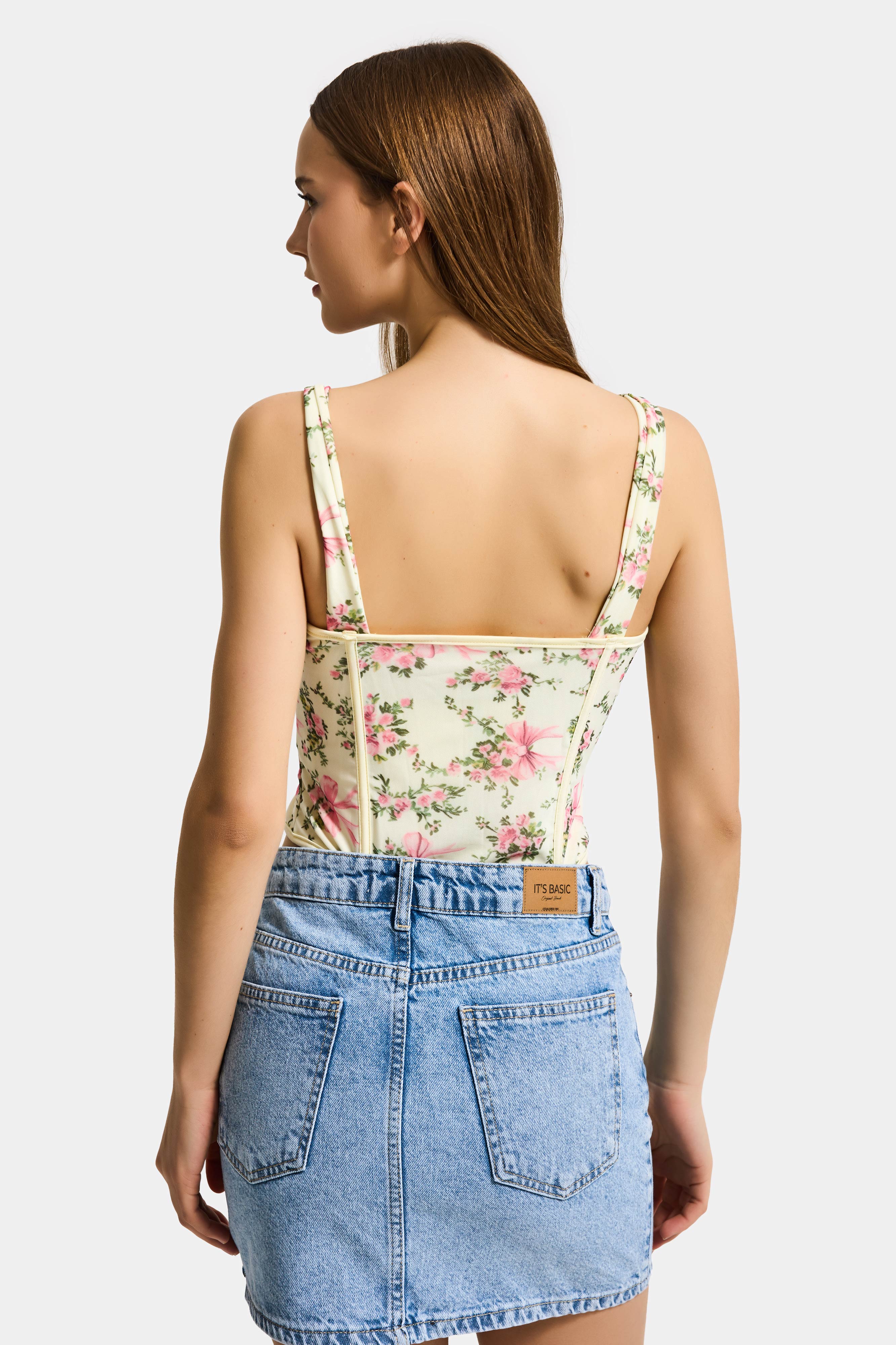 Kadın Sarı Çiçekli w5 Balenli Kuş Gözü Detaylı Özel Desen Tasarım Askılı Büstiyer