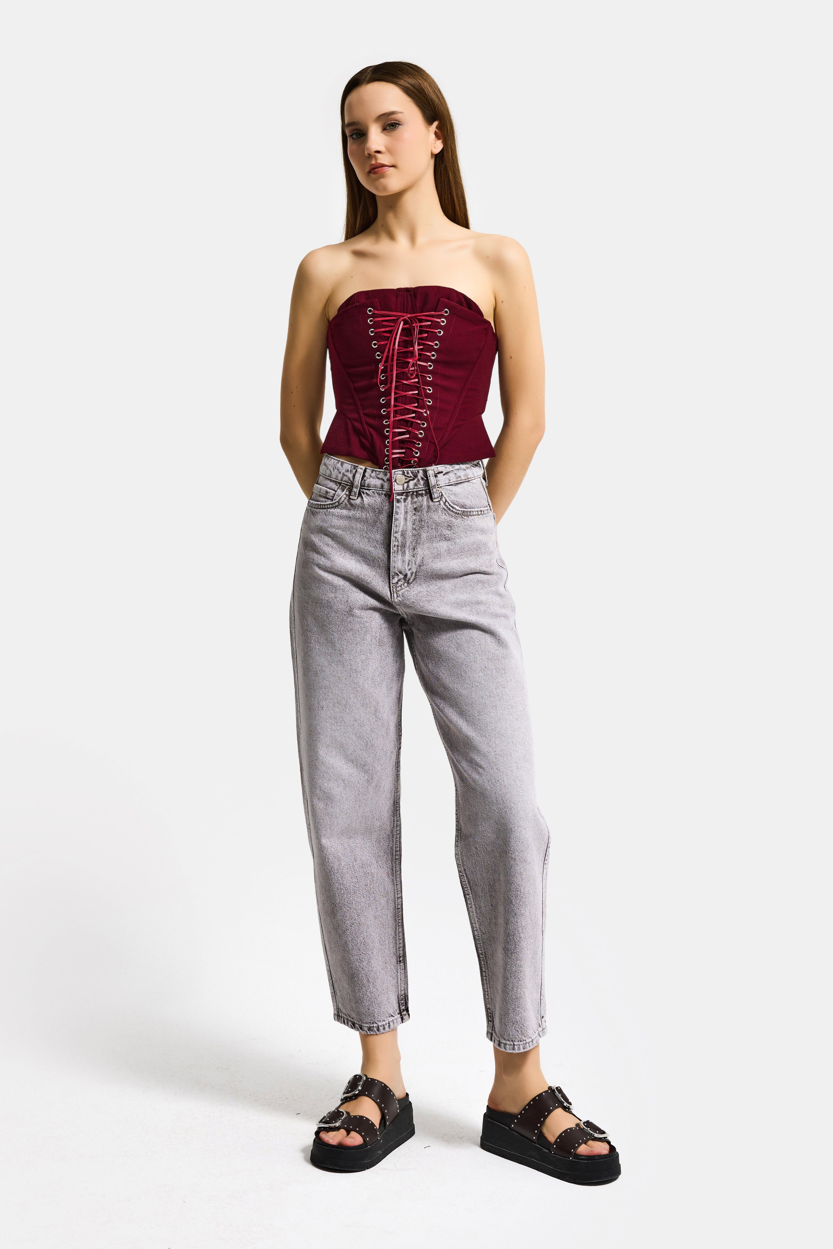 Kadın Bordo w5 Crop Kuş Gözü ve Bağcık Detaylı Straptez Özel Tasarım Büstiyer