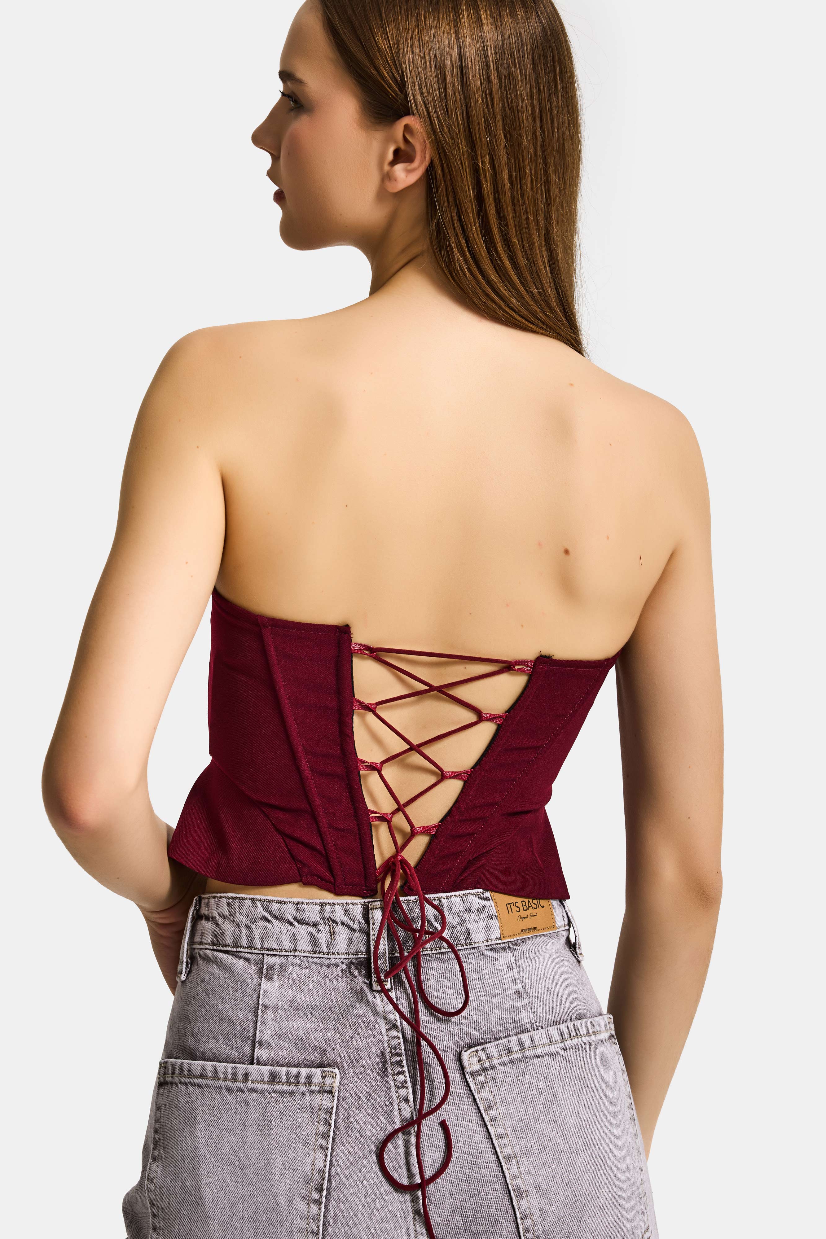 Kadın Bordo w5 Crop Kuş Gözü ve Bağcık Detaylı Straptez Özel Tasarım Büstiyer