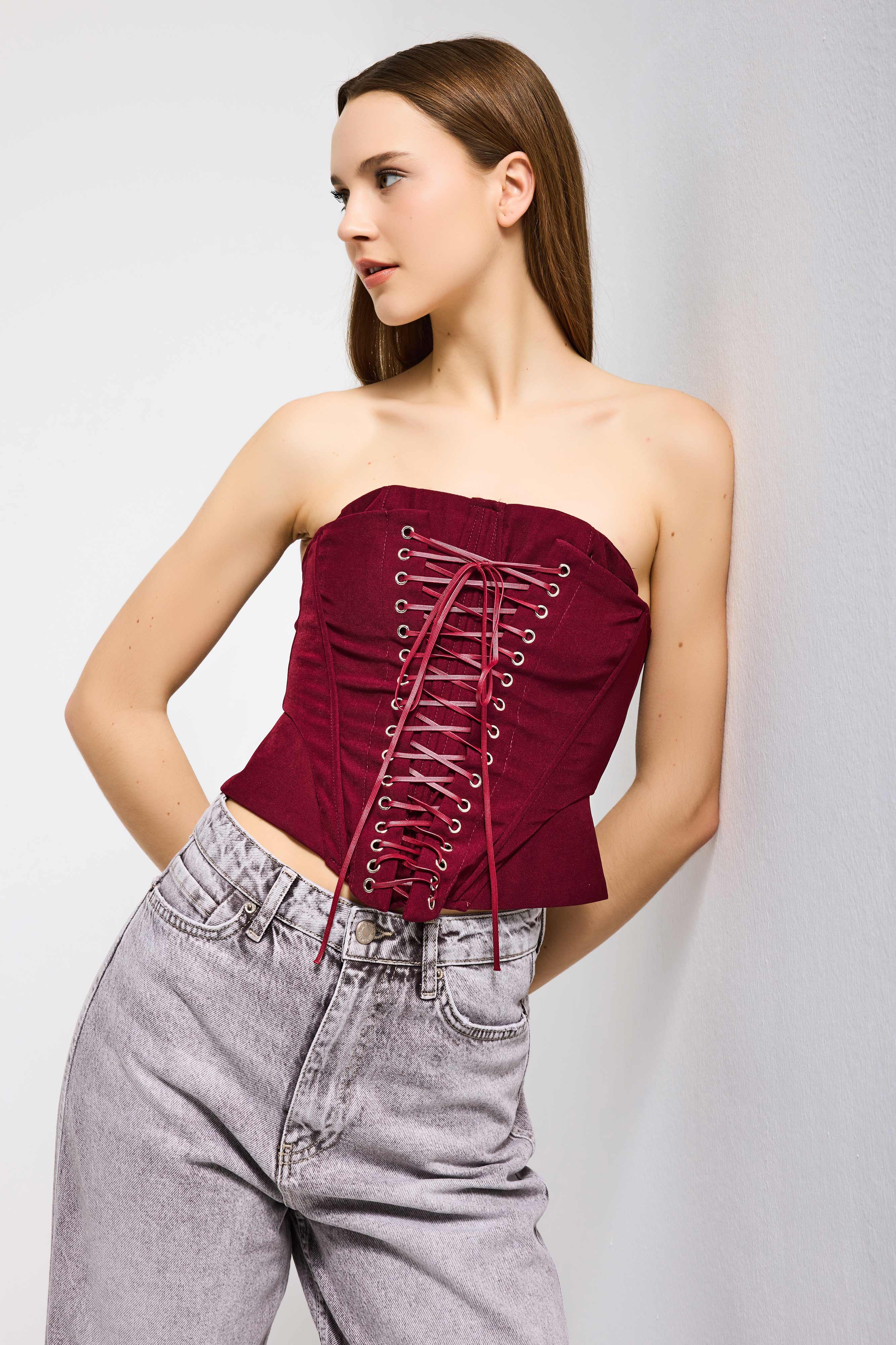 Kadın Bordo w5 Crop Kuş Gözü ve Bağcık Detaylı Straptez Özel Tasarım Büstiyer