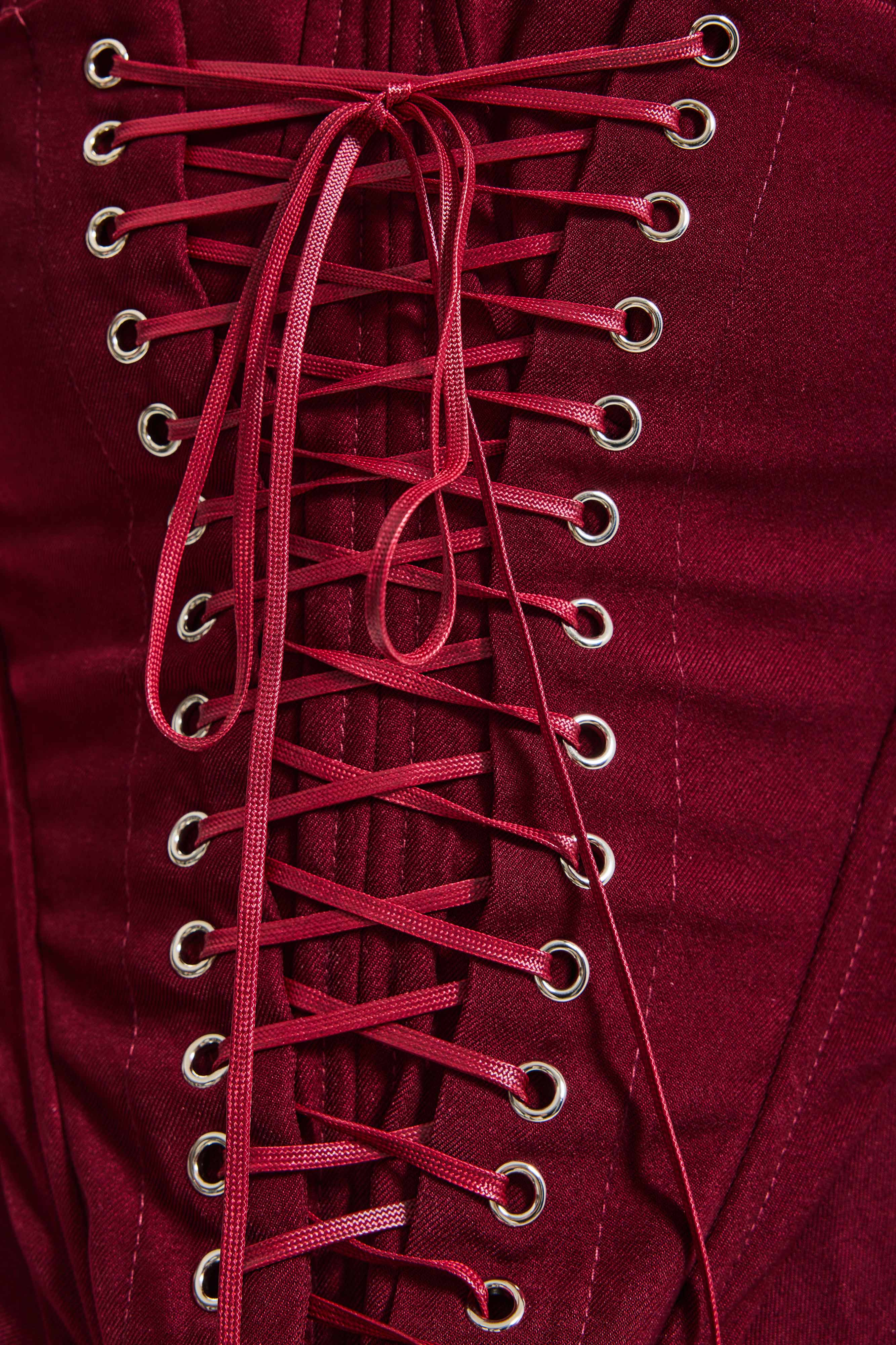 Kadın Bordo w5 Crop Kuş Gözü ve Bağcık Detaylı Straptez Özel Tasarım Büstiyer