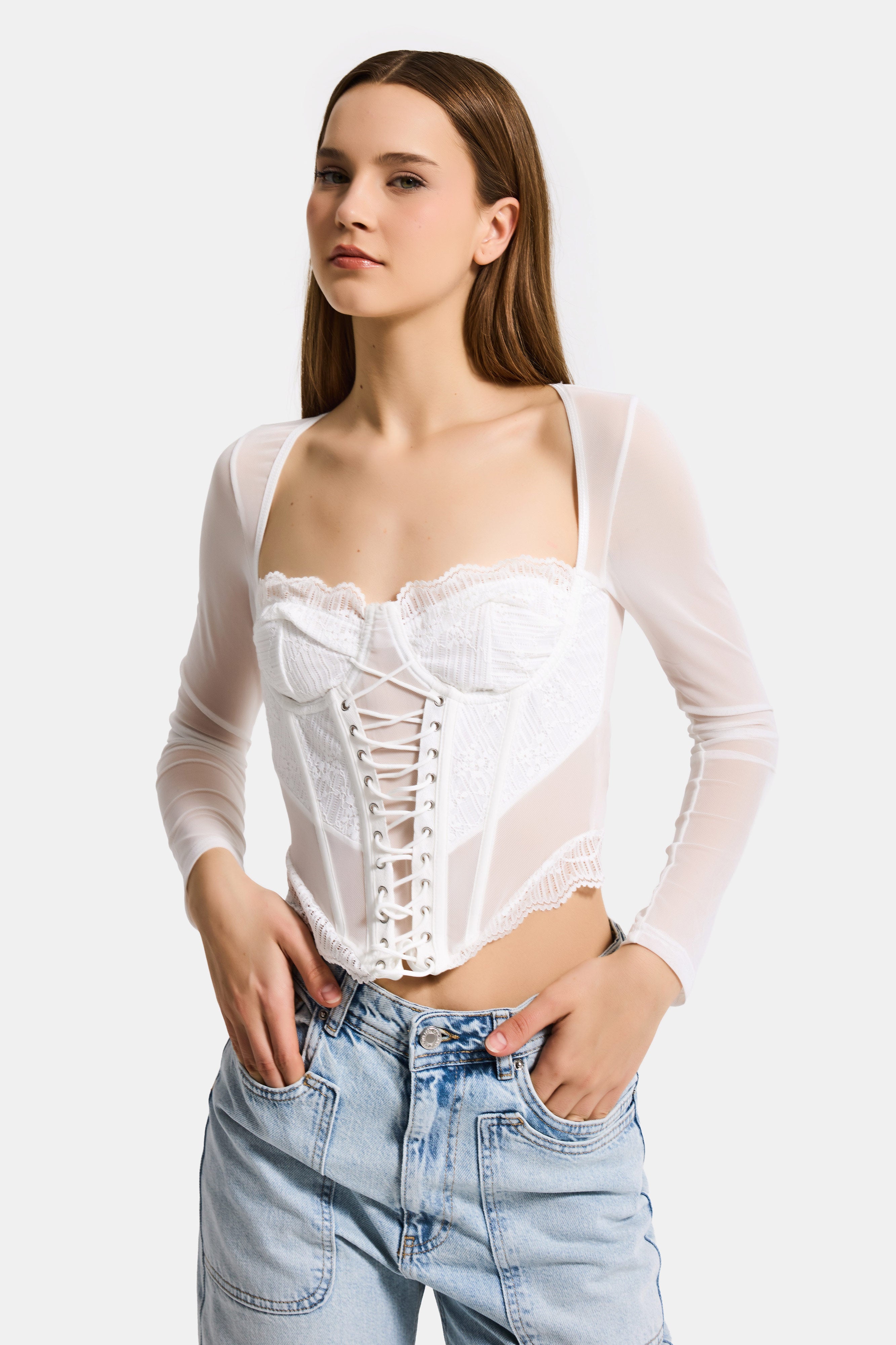 Kadın Beyaz w5 Balenli Kuş Gözü Detaylı Tül Dantel Özel Tasarım Büstiyer