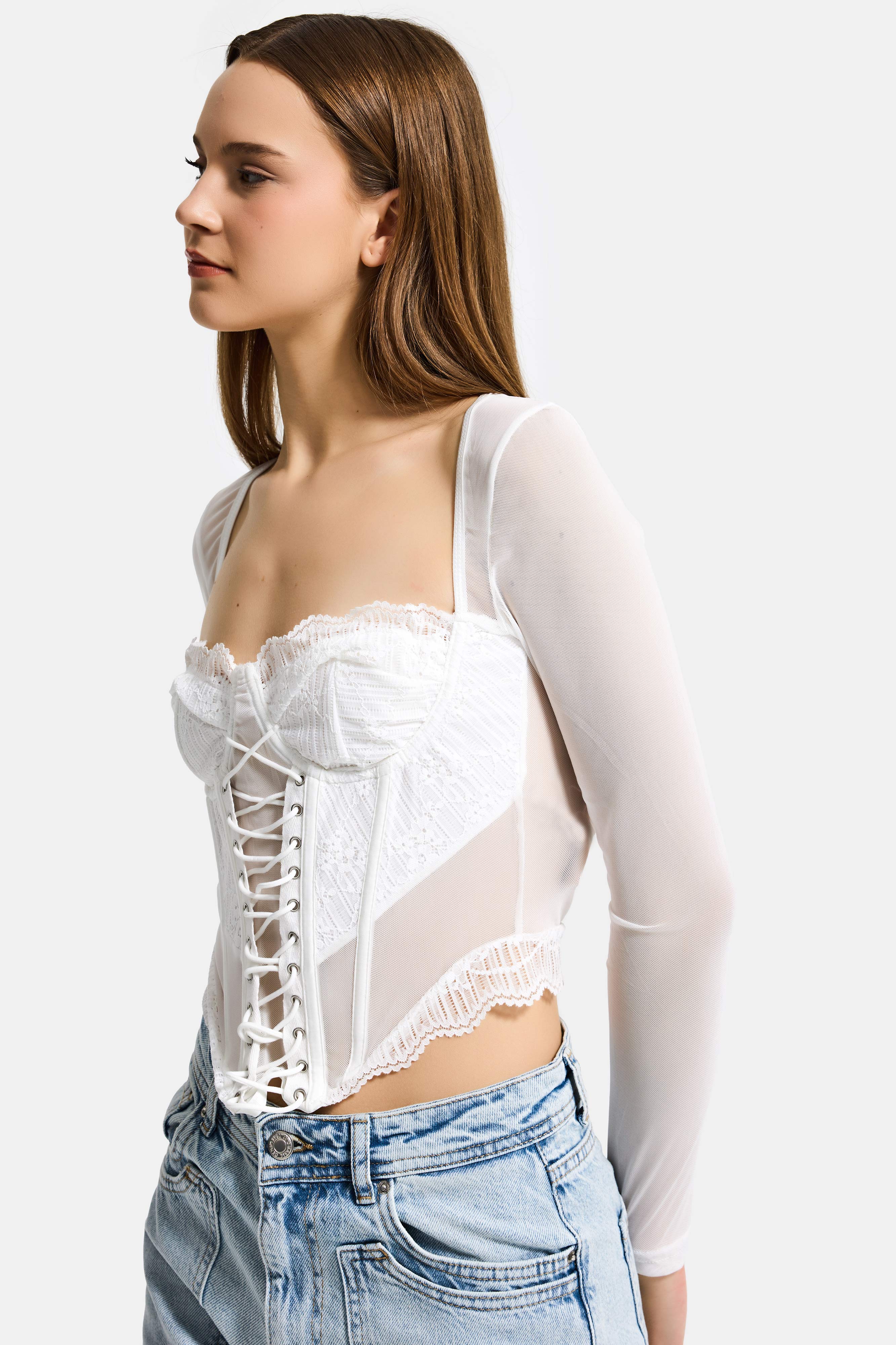 Kadın Beyaz w5 Balenli Kuş Gözü Detaylı Tül Dantel Özel Tasarım Büstiyer