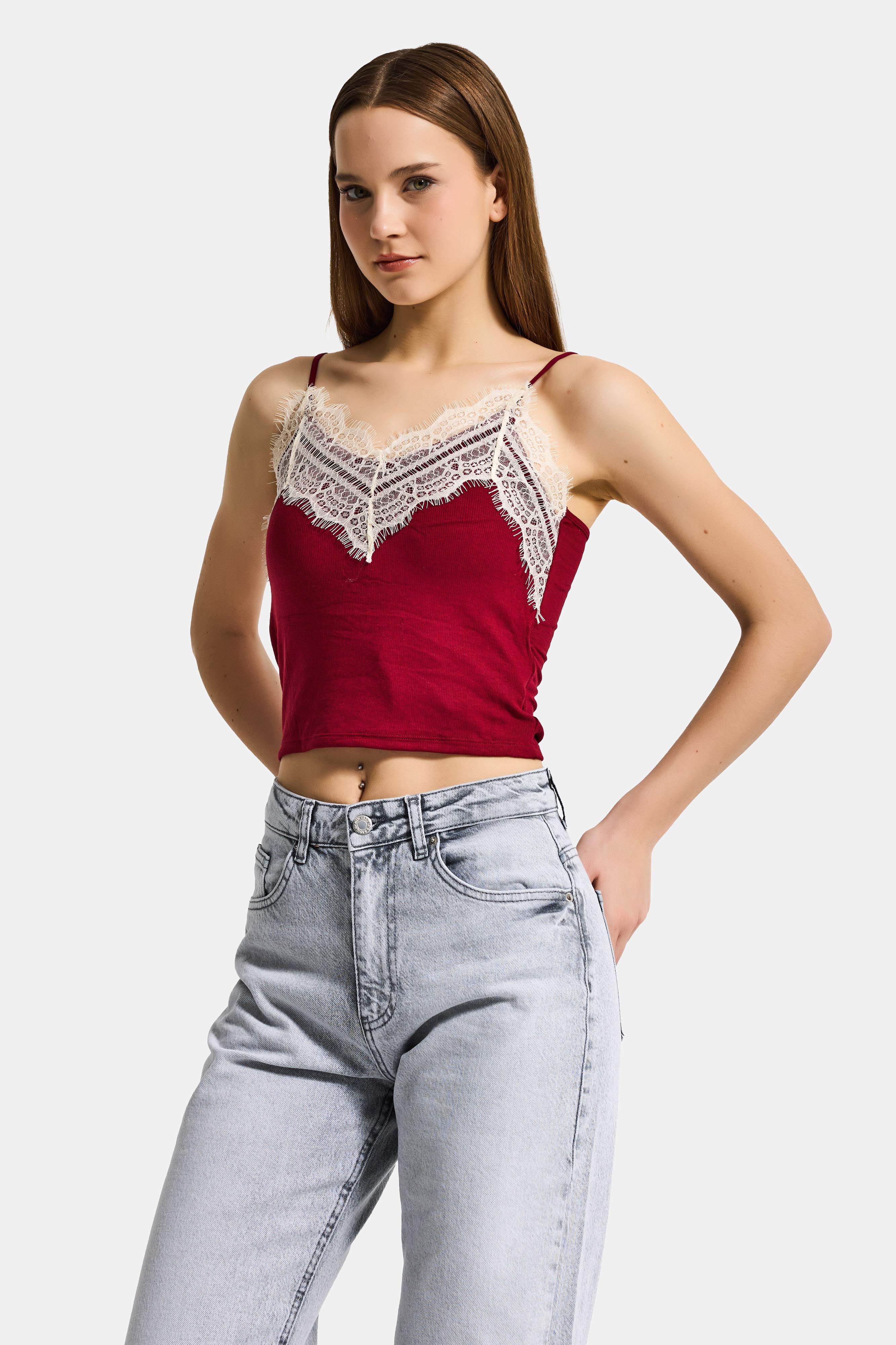 Kadın Kırmızı w5 Dantel Detaylı Destekli Cup Askılı Tasarım Body