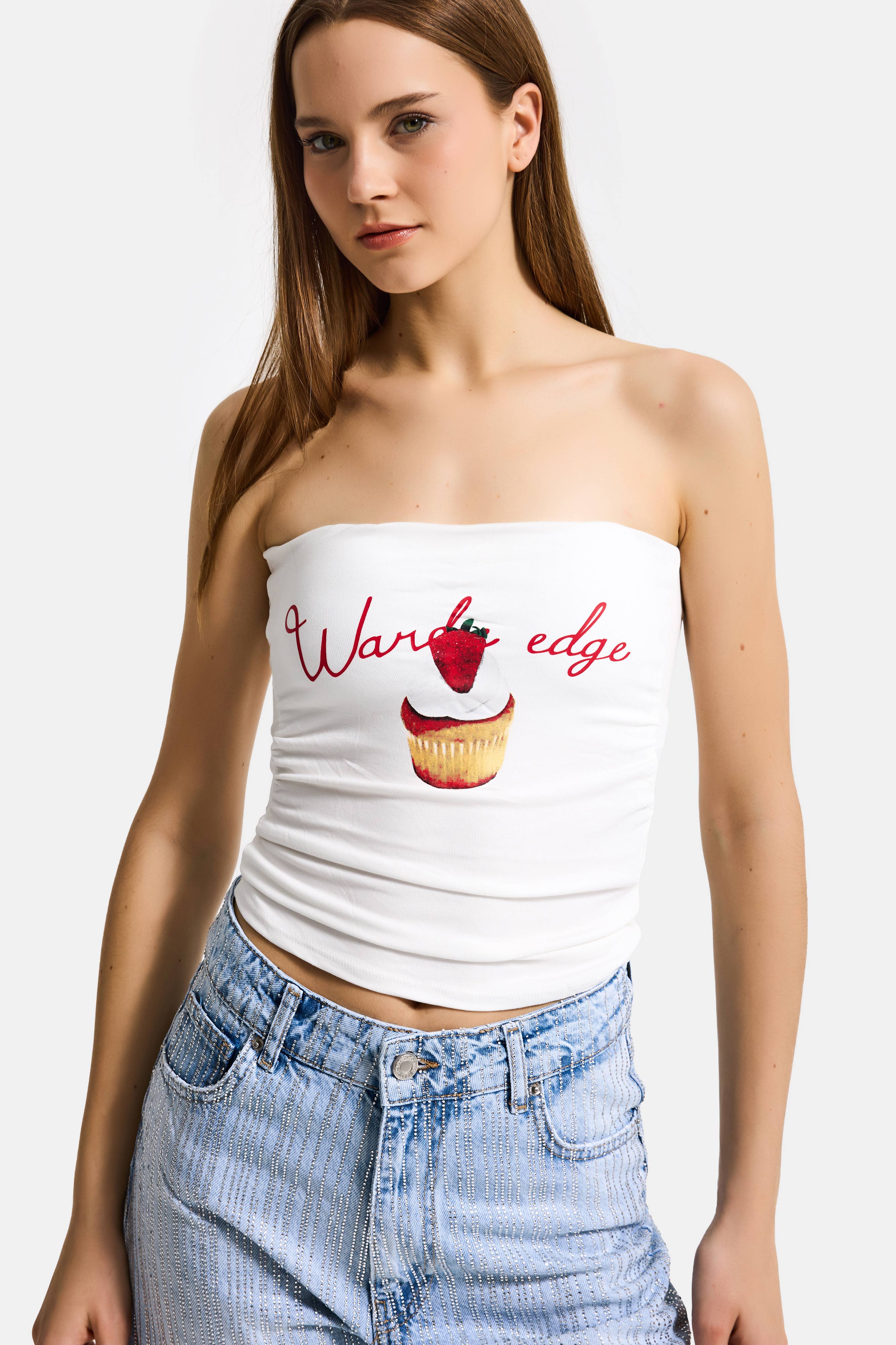 Kadın Beyaz w5 Baskılı Cup Destekli Straplez Tasarım Büstiyer