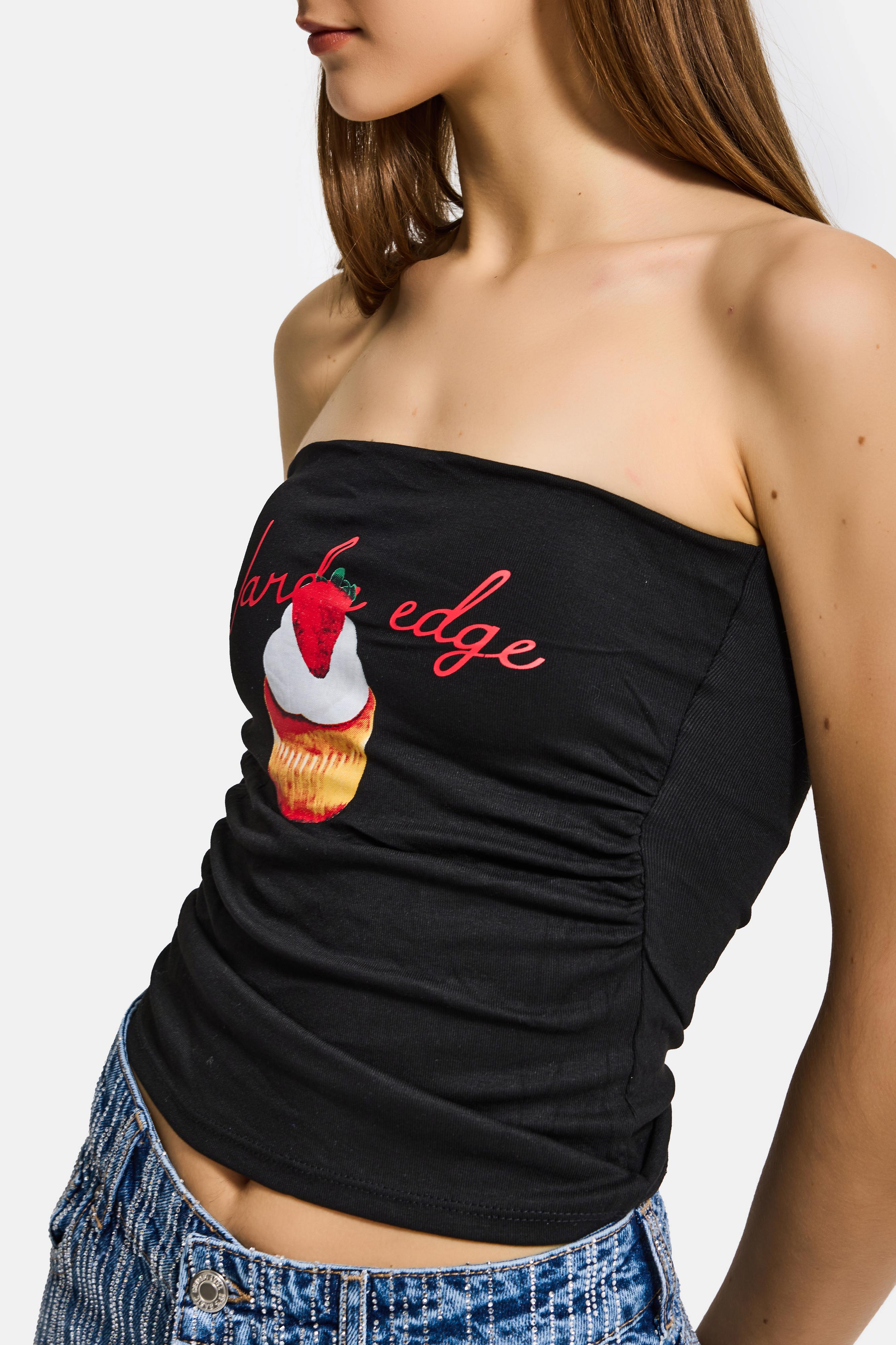 Kadın Siyah w5 Baskılı Cup Destekli Straplez Tasarım Büstiyer