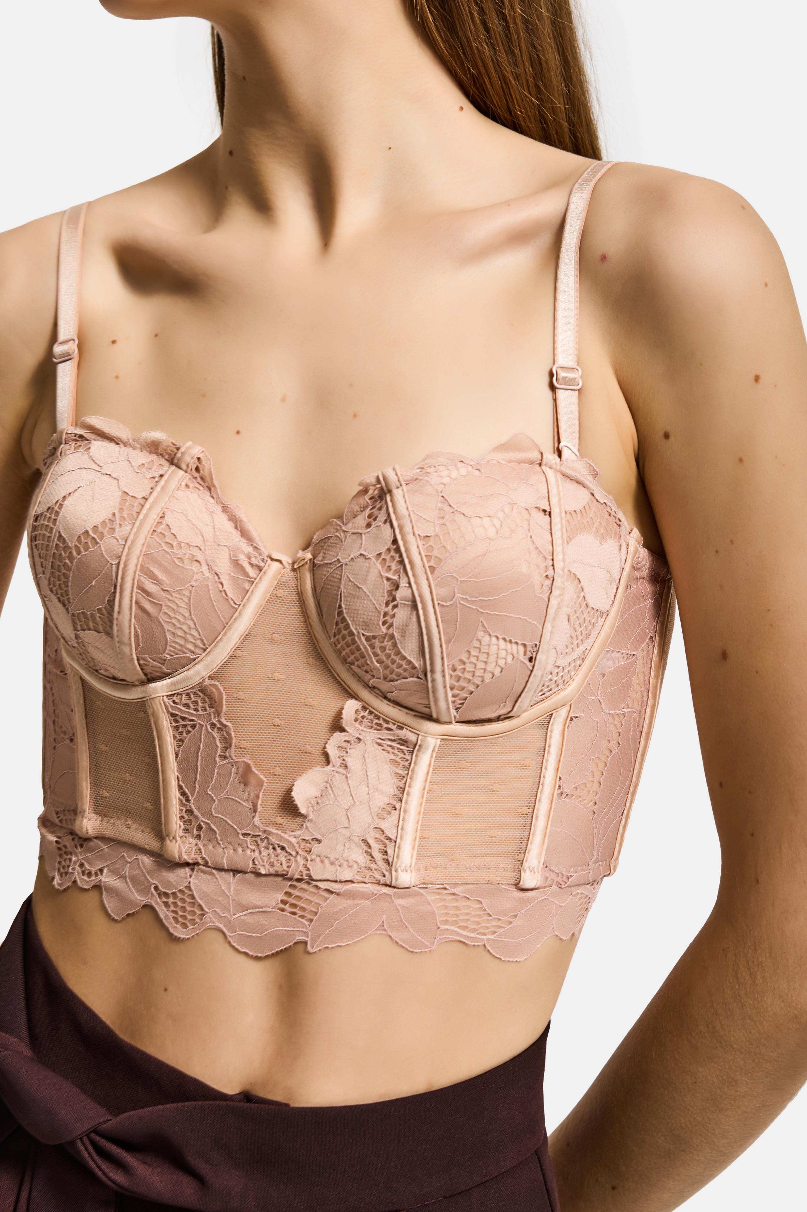 Kadın Pembe Bej w5 Balenli Güpür Dantel Detaylı Askılı Özel Tasarım Büstiyer