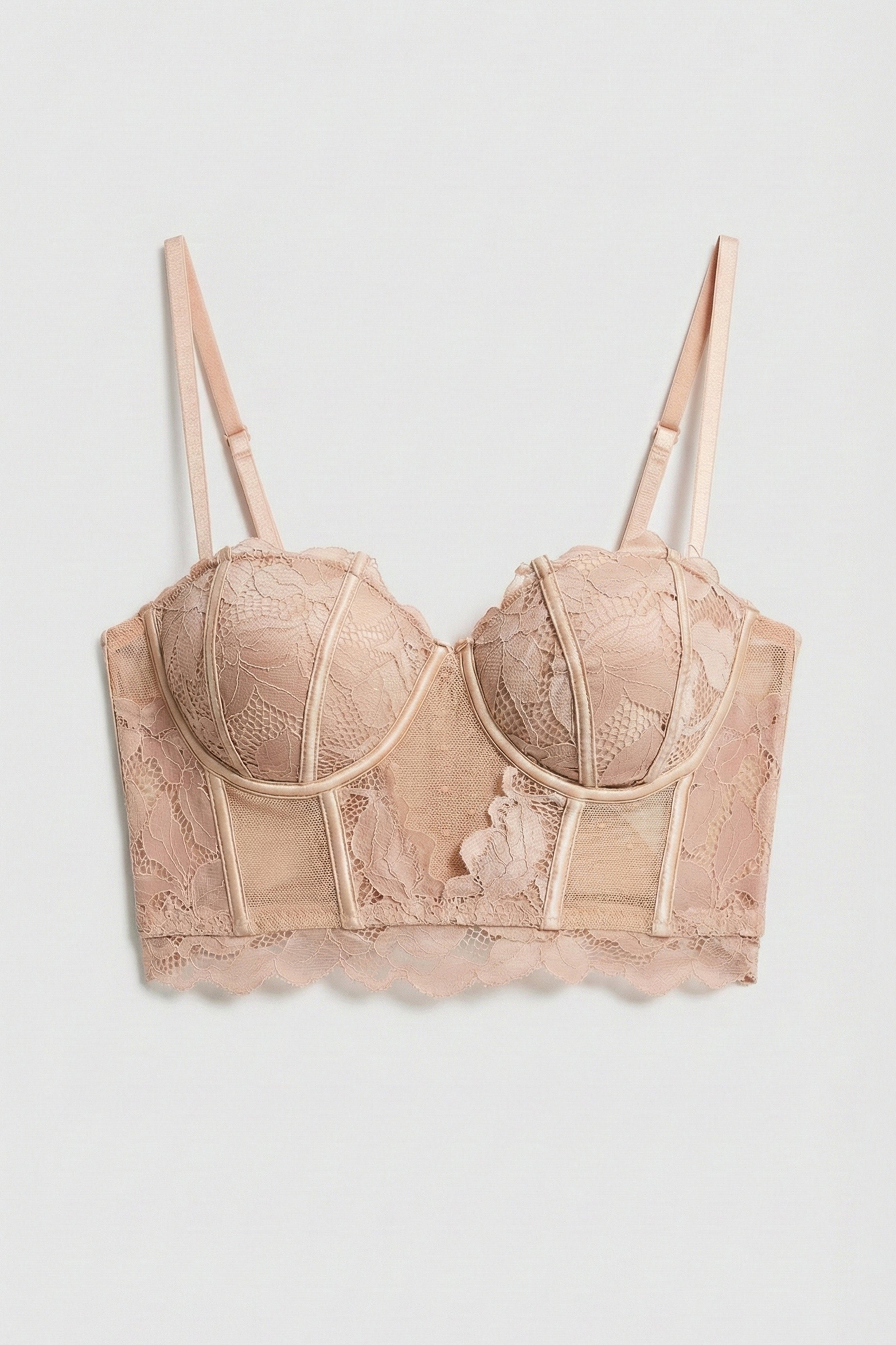 Kadın Pembe Bej w5 Balenli Güpür Dantel Detaylı Askılı Özel Tasarım Büstiyer