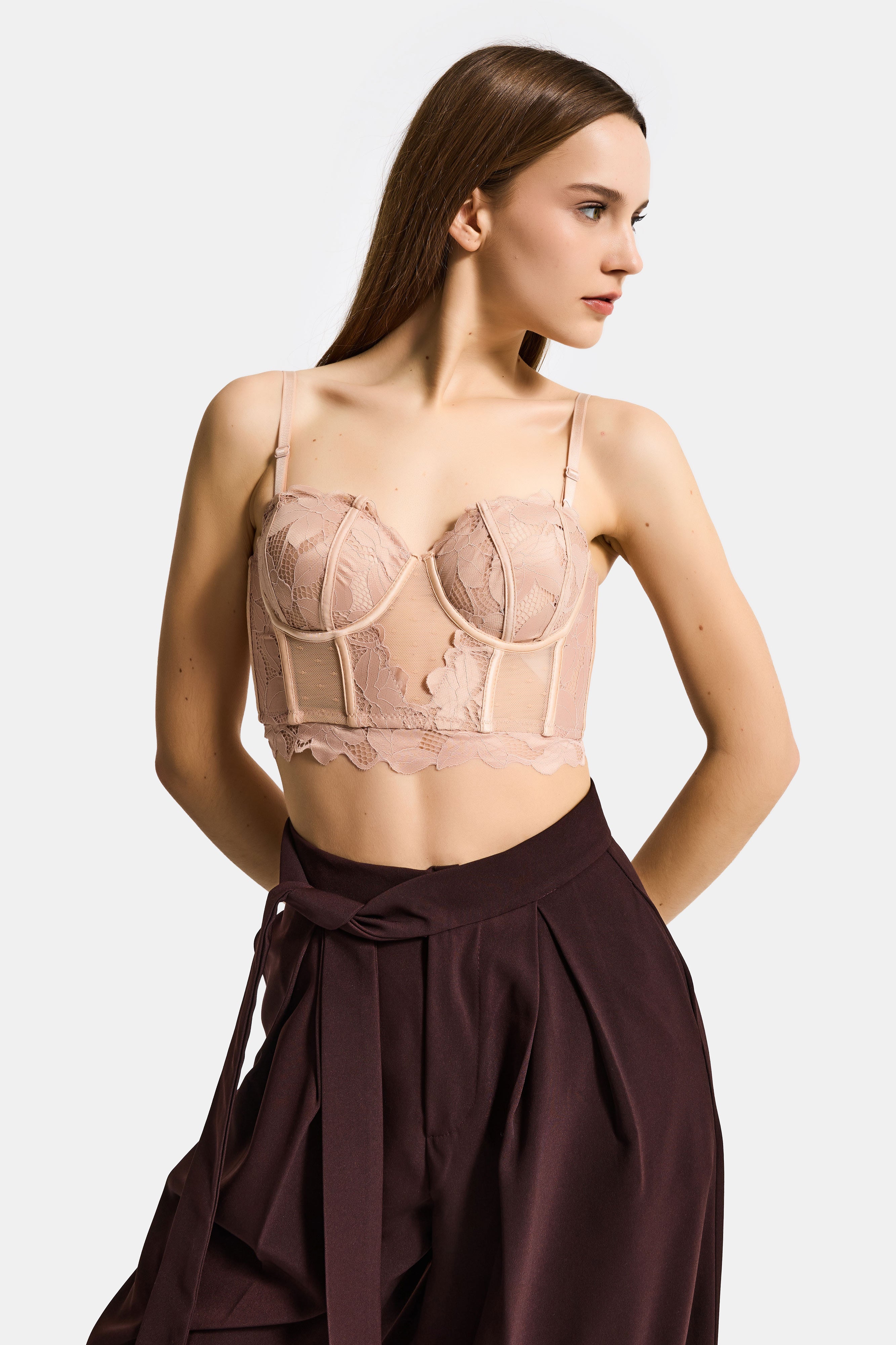 Kadın Pembe Bej w5 Balenli Güpür Dantel Detaylı Askılı Özel Tasarım Büstiyer