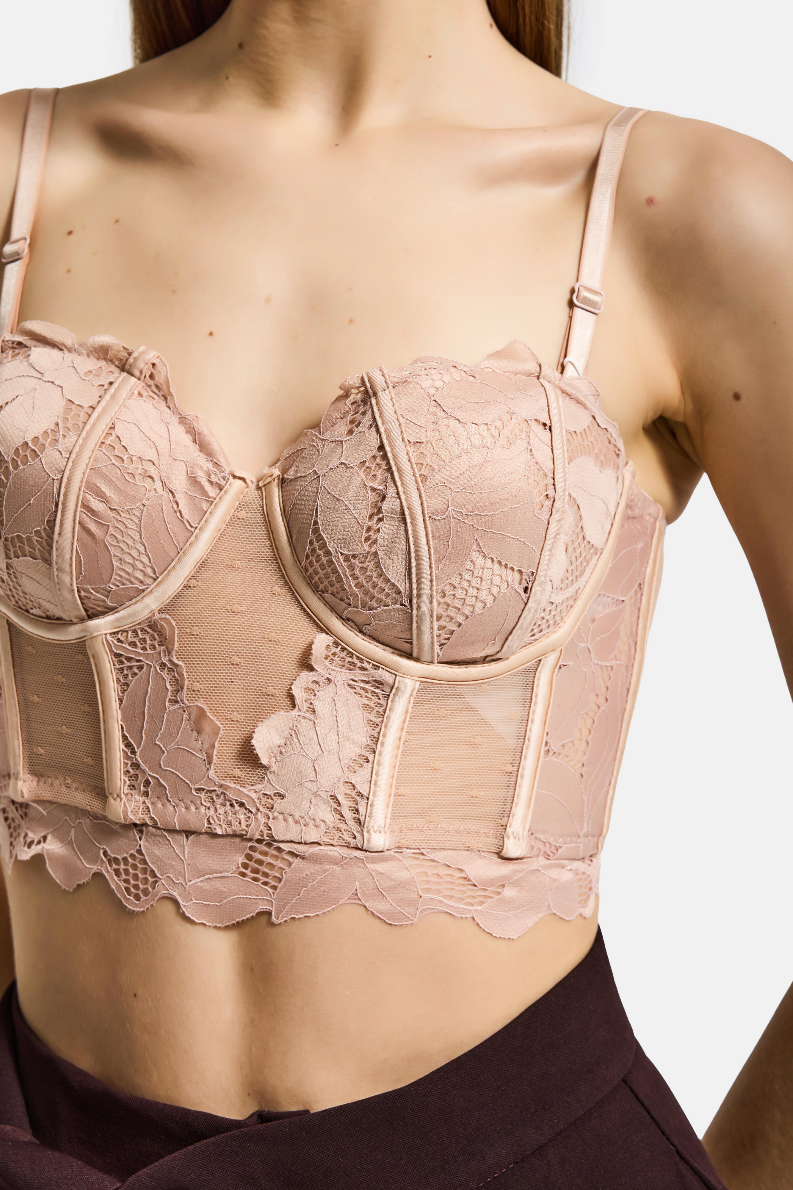 Kadın Pembe Bej w5 Balenli Güpür Dantel Detaylı Askılı Özel Tasarım Büstiyer