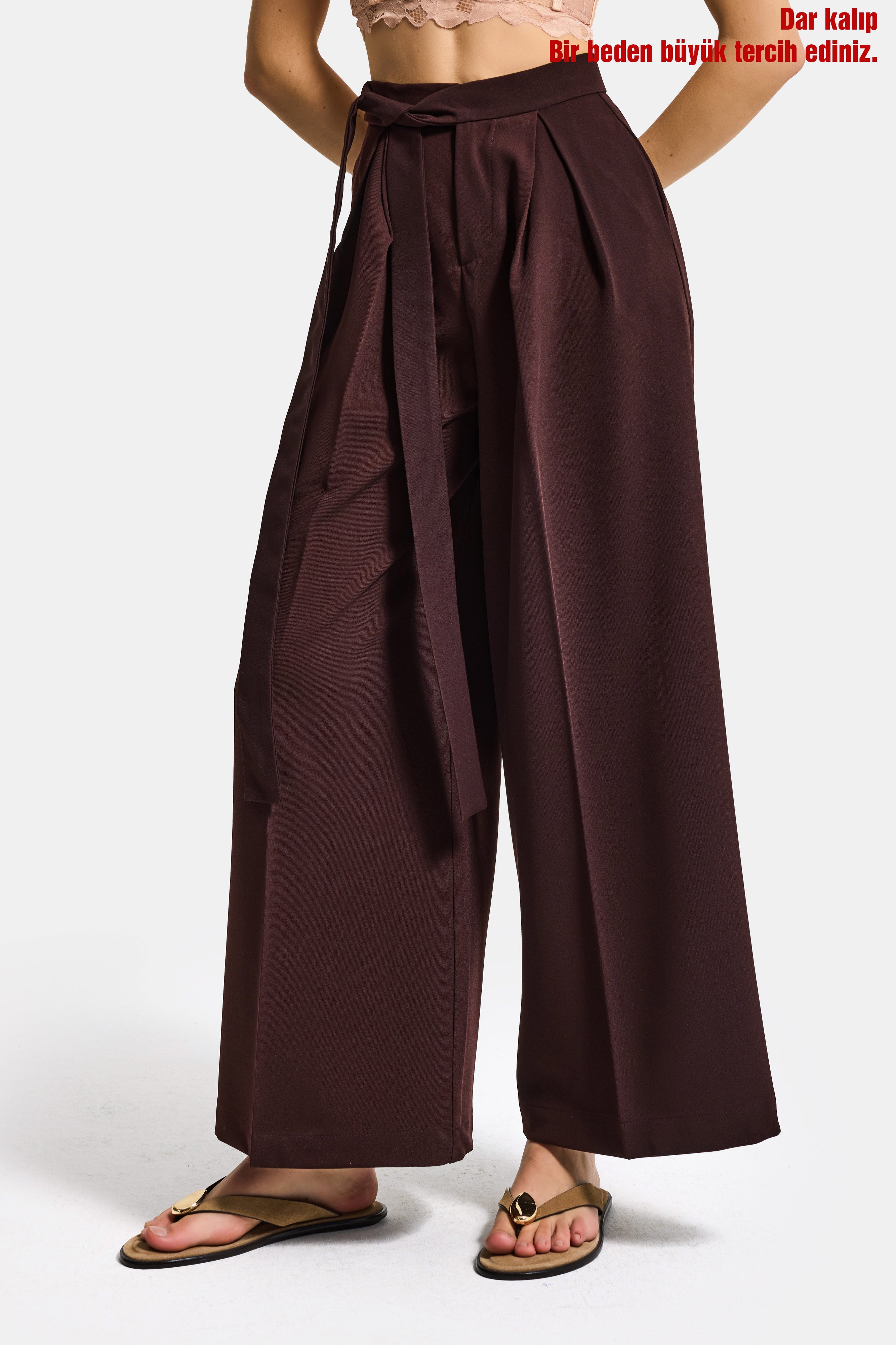 Kadın Acı Kahve w5 Palazzo Fit Özel Kumaş Kemer Detaylı Tasarım Pantolon