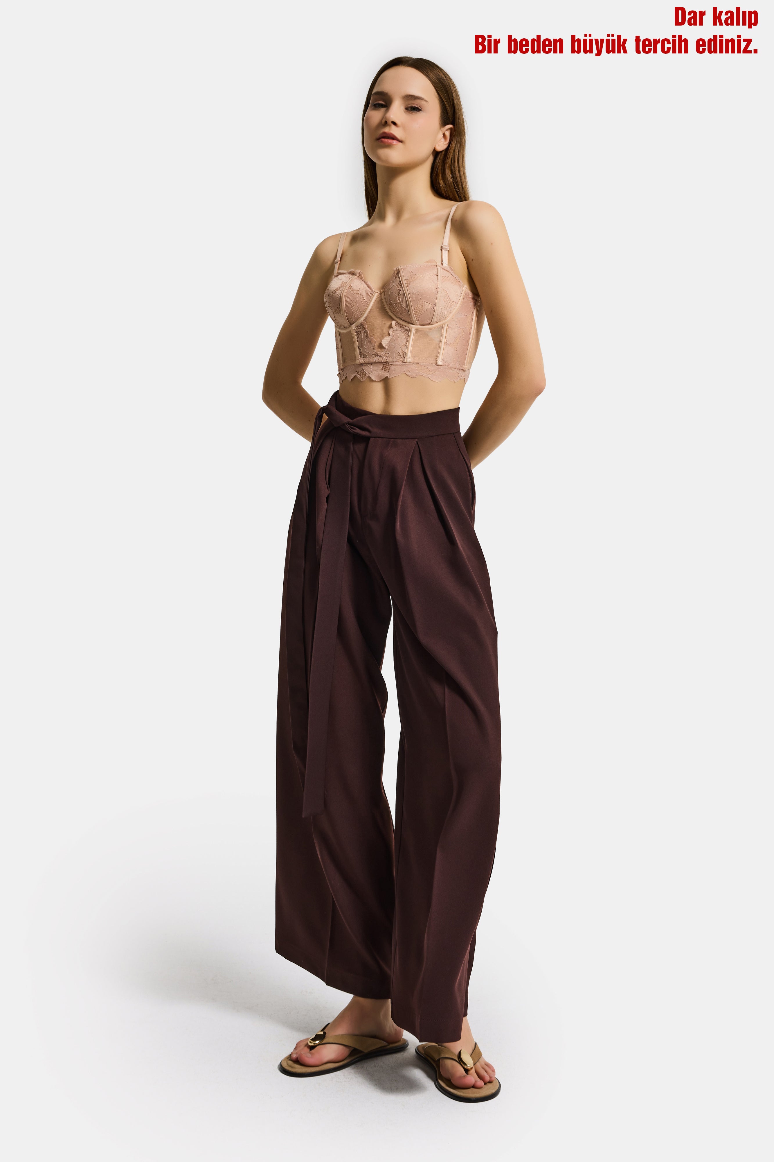 Kadın Acı Kahve w5 Palazzo Fit Özel Kumaş Kemer Detaylı Tasarım Pantolon