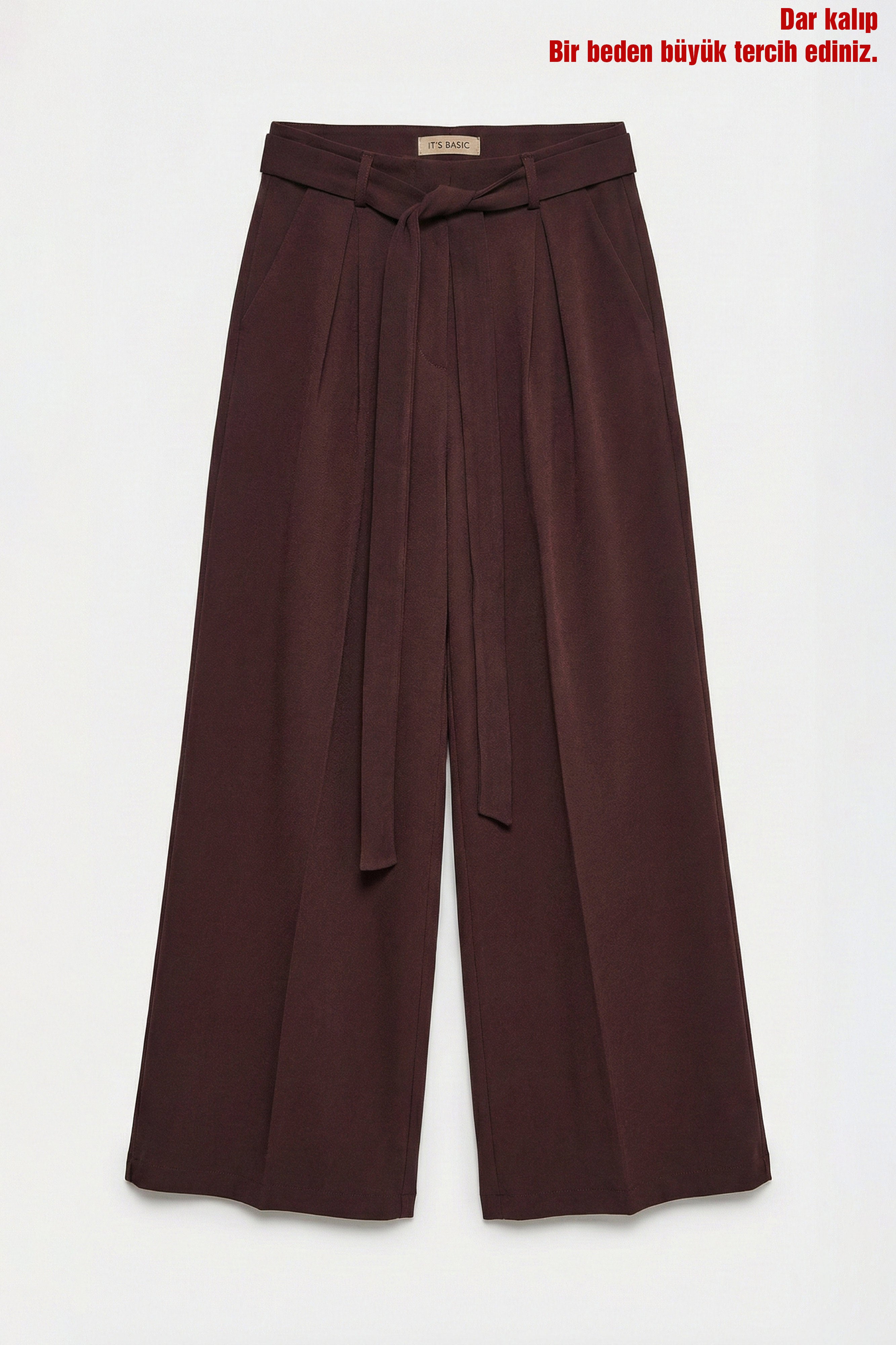 Kadın Acı Kahve w5 Palazzo Fit Özel Kumaş Kemer Detaylı Tasarım Pantolon