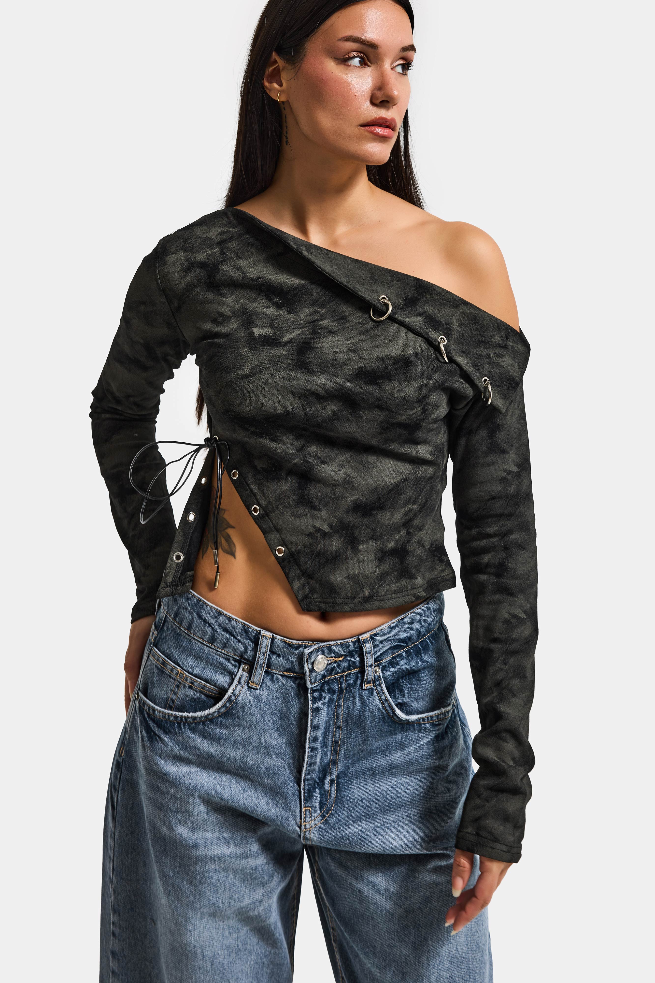 Kadın Siyah w5 Asimetrik Kesim Tek Omuz Açık Özel Tasarım Crop Top