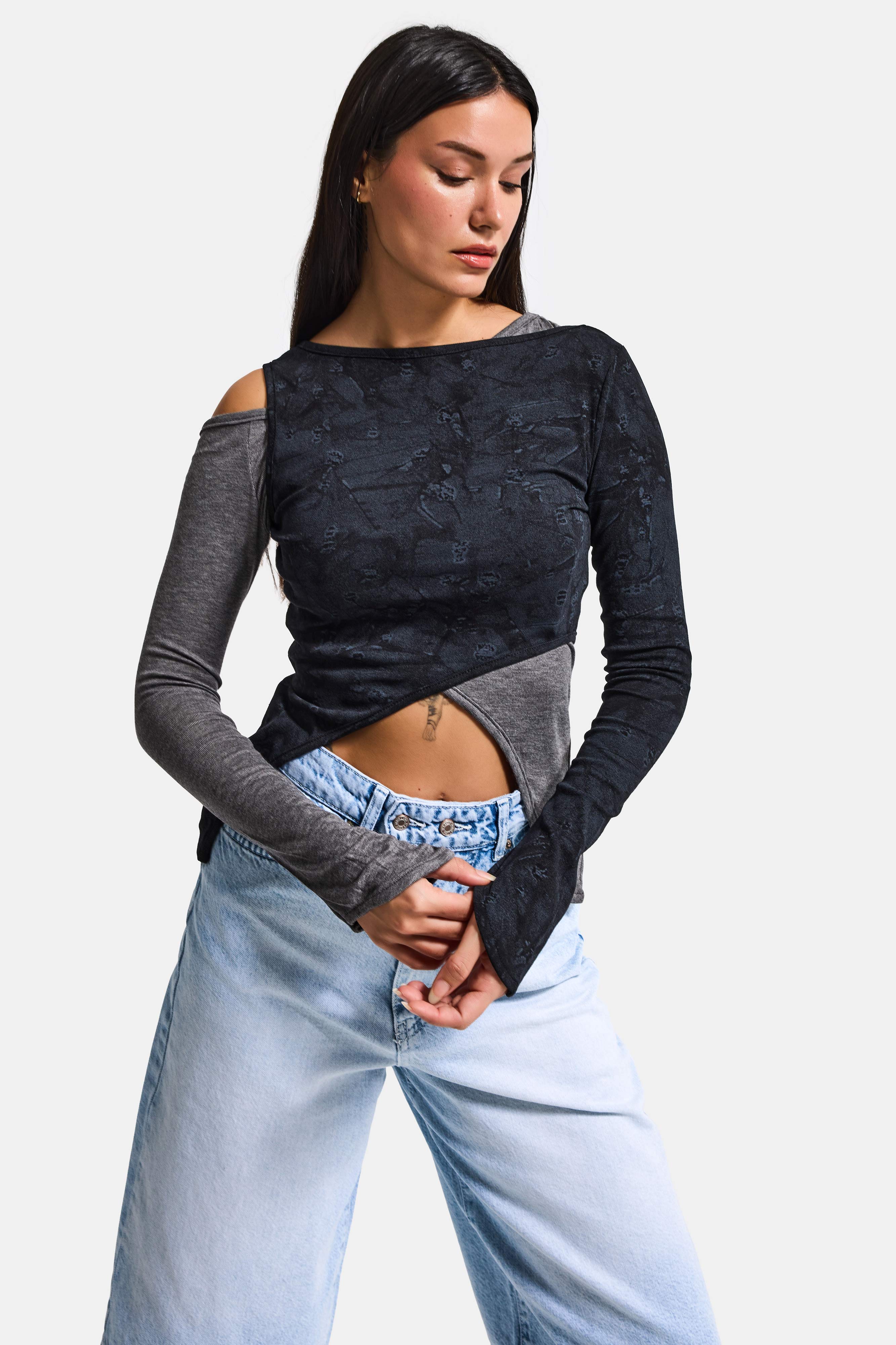 Kadın Siyah w5 Çift Parça Asimetrik Kesim Özel Tasarım Body