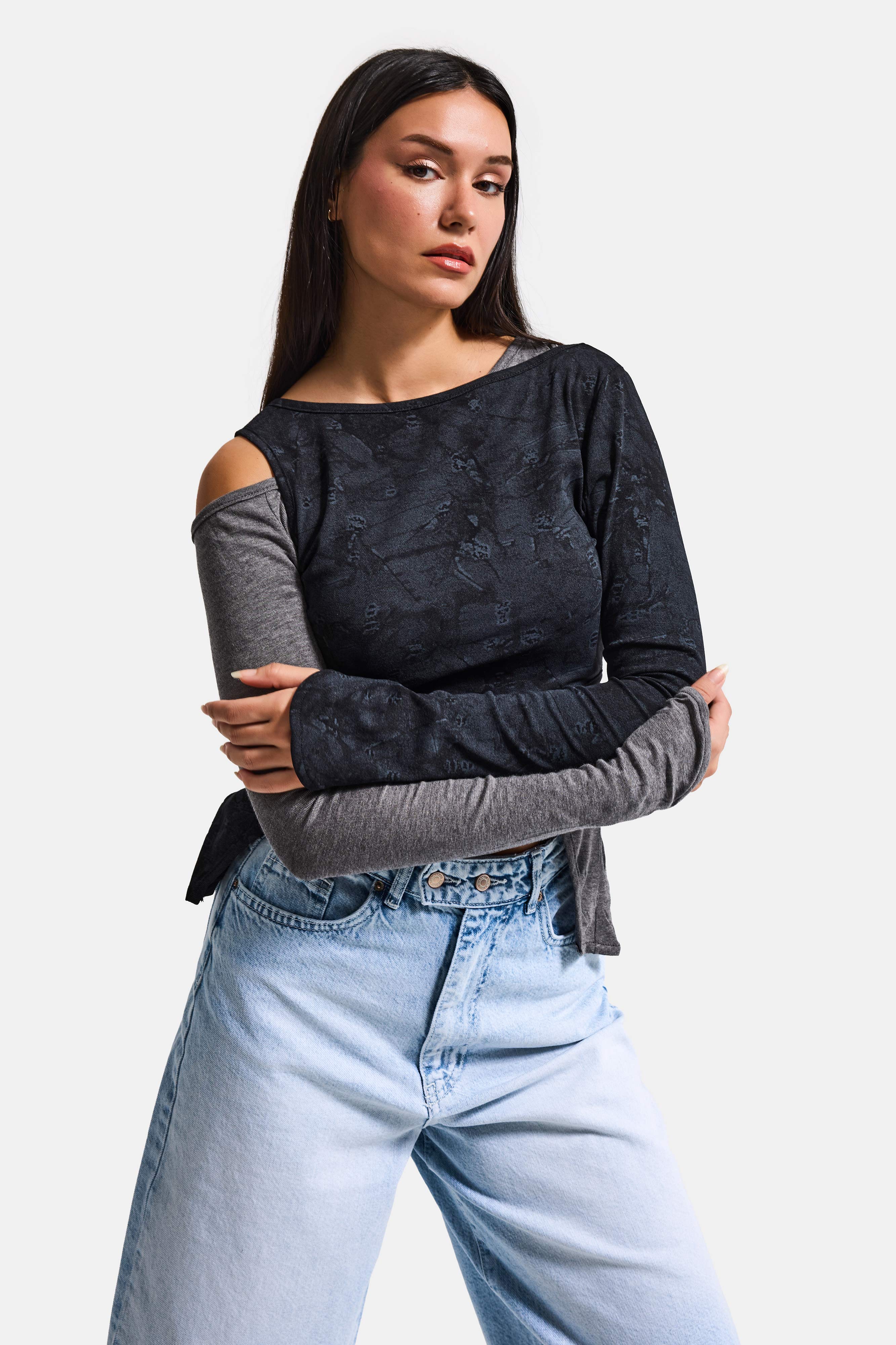 Kadın Siyah w5 Çift Parça Asimetrik Kesim Özel Tasarım Body