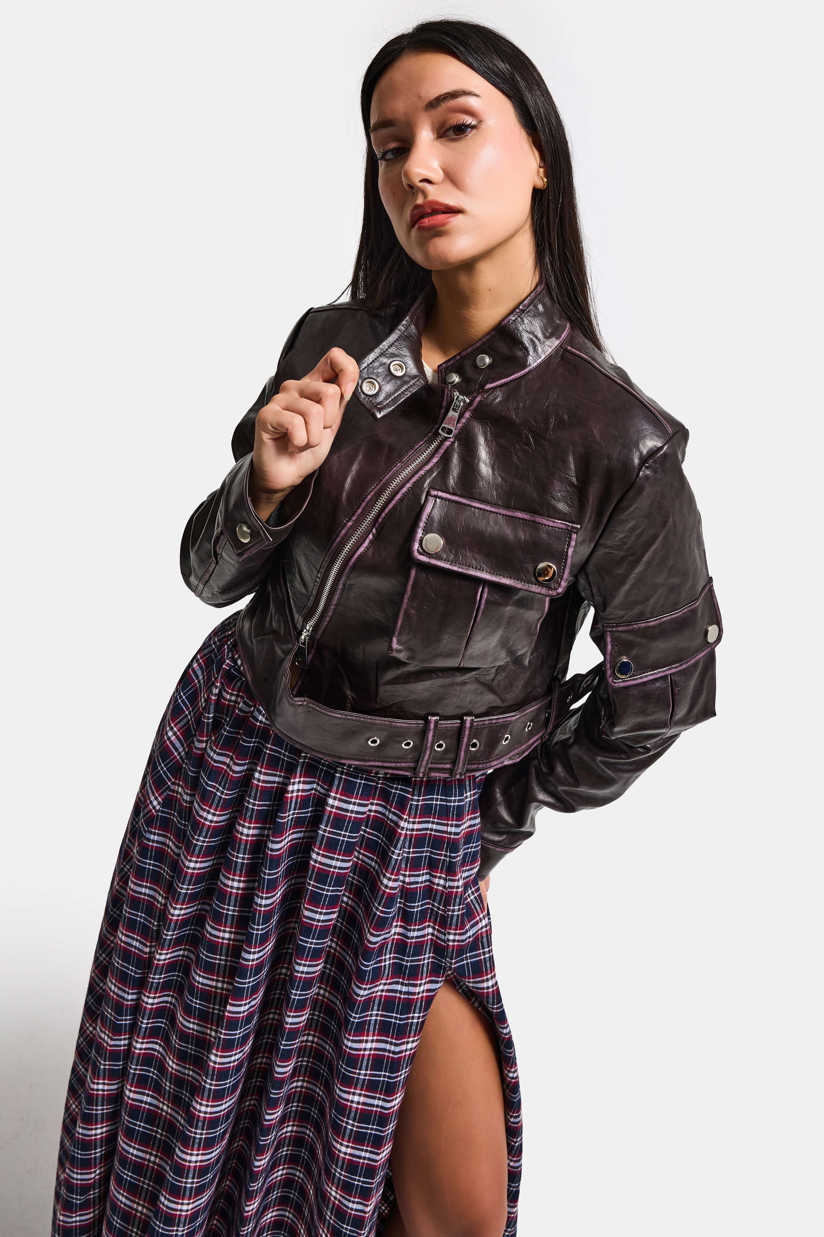 Kadın Bordo Kahve w5 Kemer Detaylı Özel Tasarım Deri Ceket