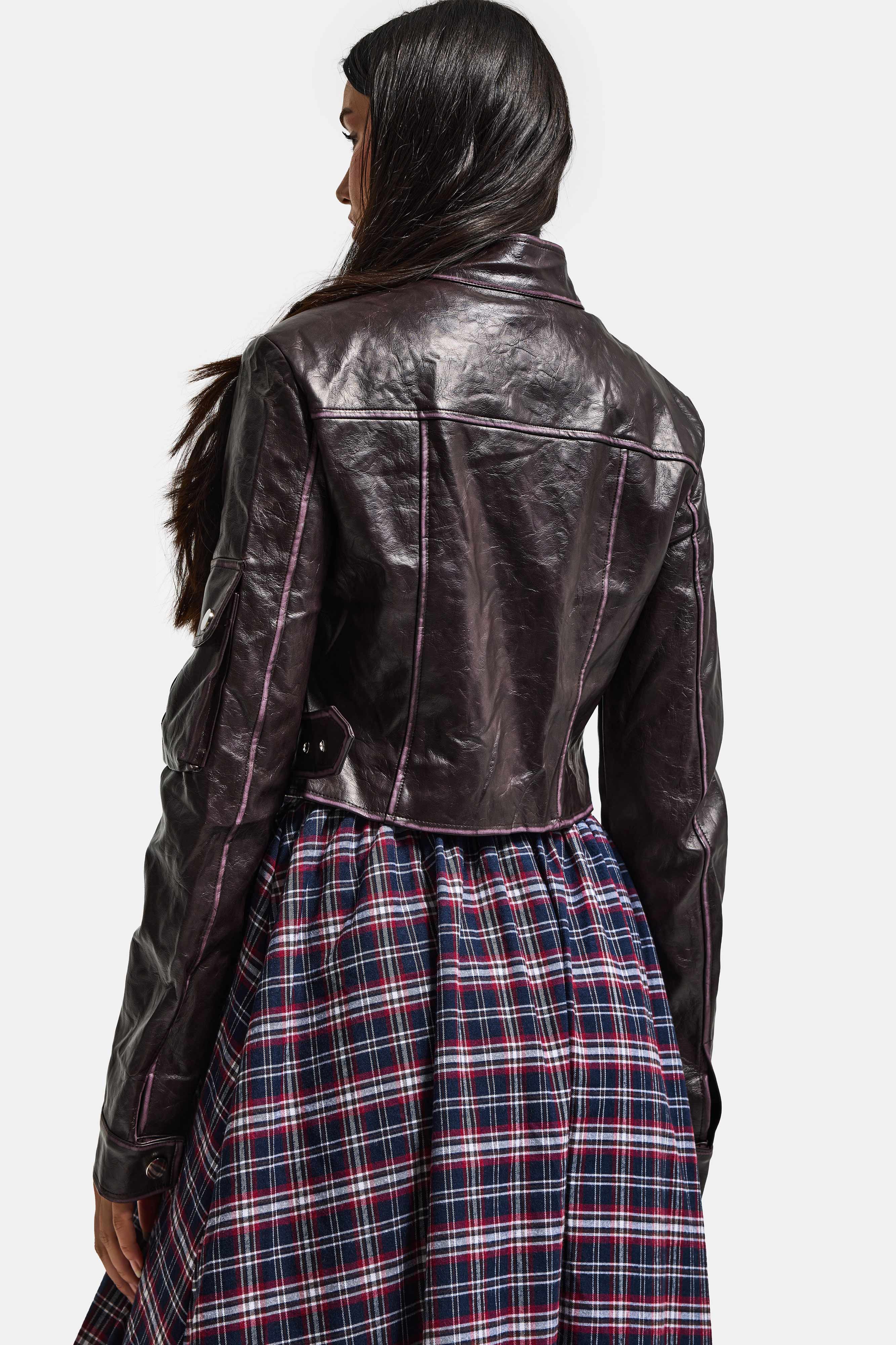 Kadın Bordo Kahve w5 Kemer Detaylı Özel Tasarım Deri Ceket