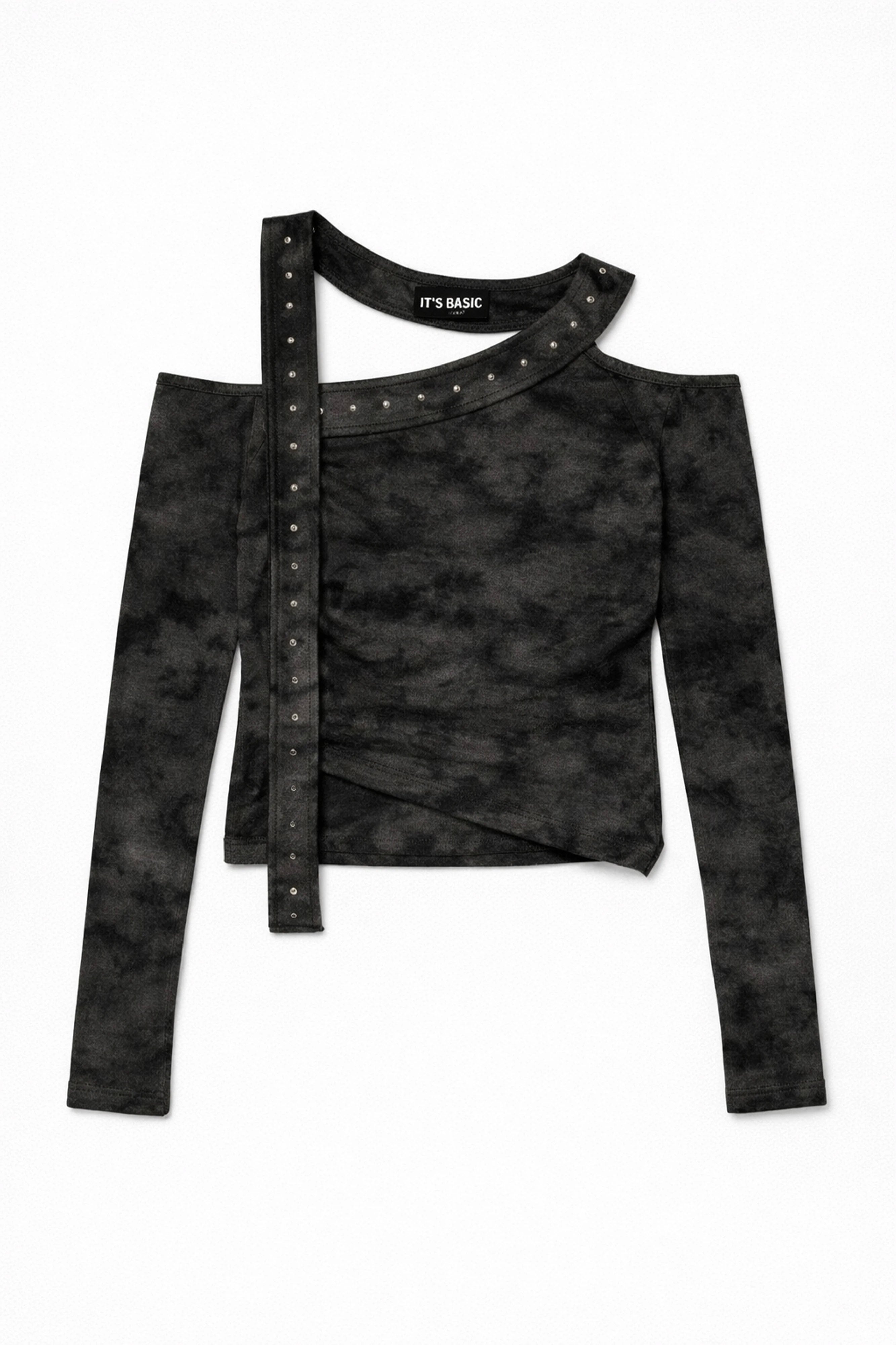 Kadın Siyah Antrasit w5 Asimetrik Kesim Özel Kumaş Tasarım Crop Top