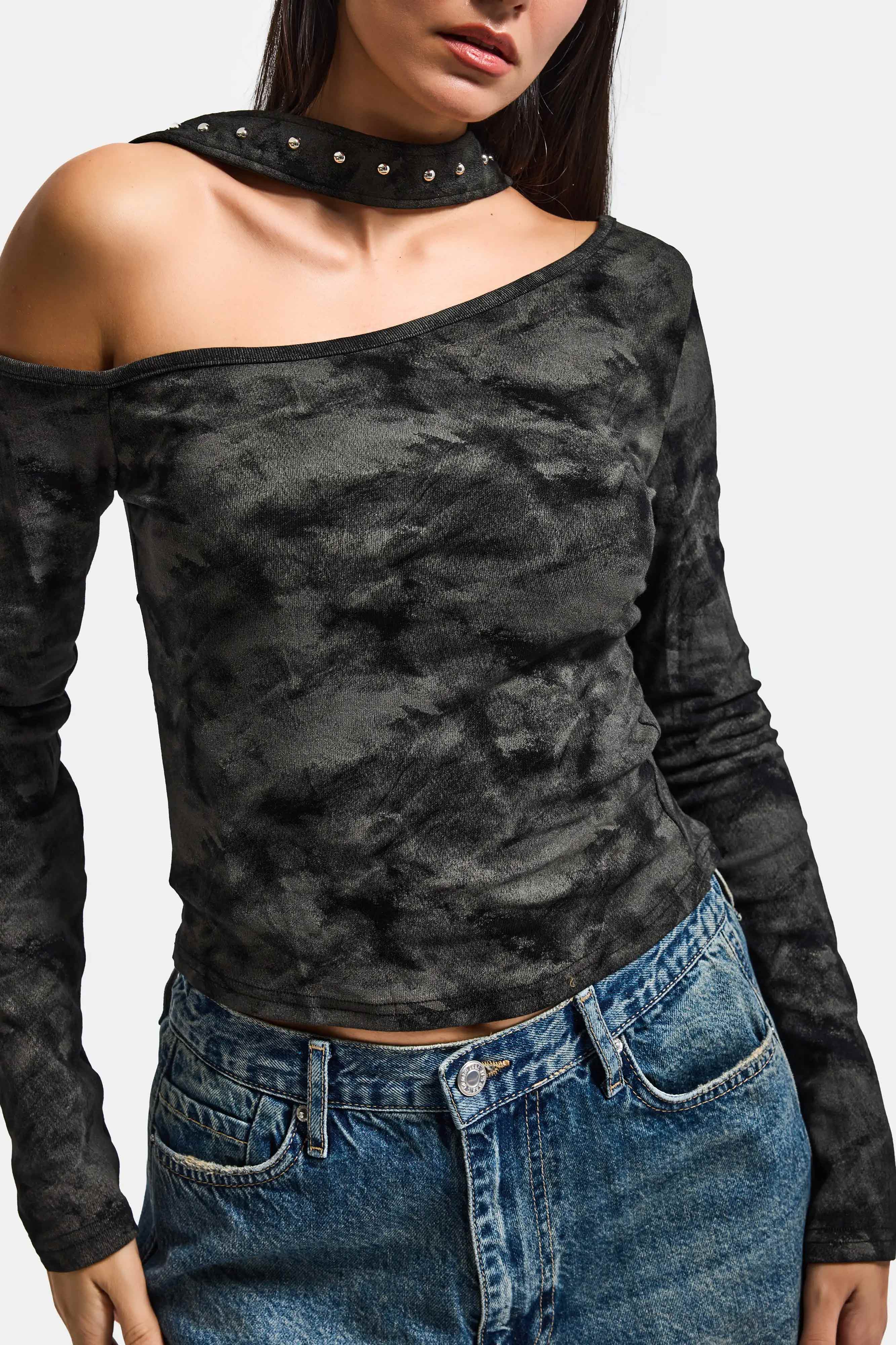 Kadın Siyah Antrasit w5 Asimetrik Kesim Özel Kumaş Tasarım Crop Top