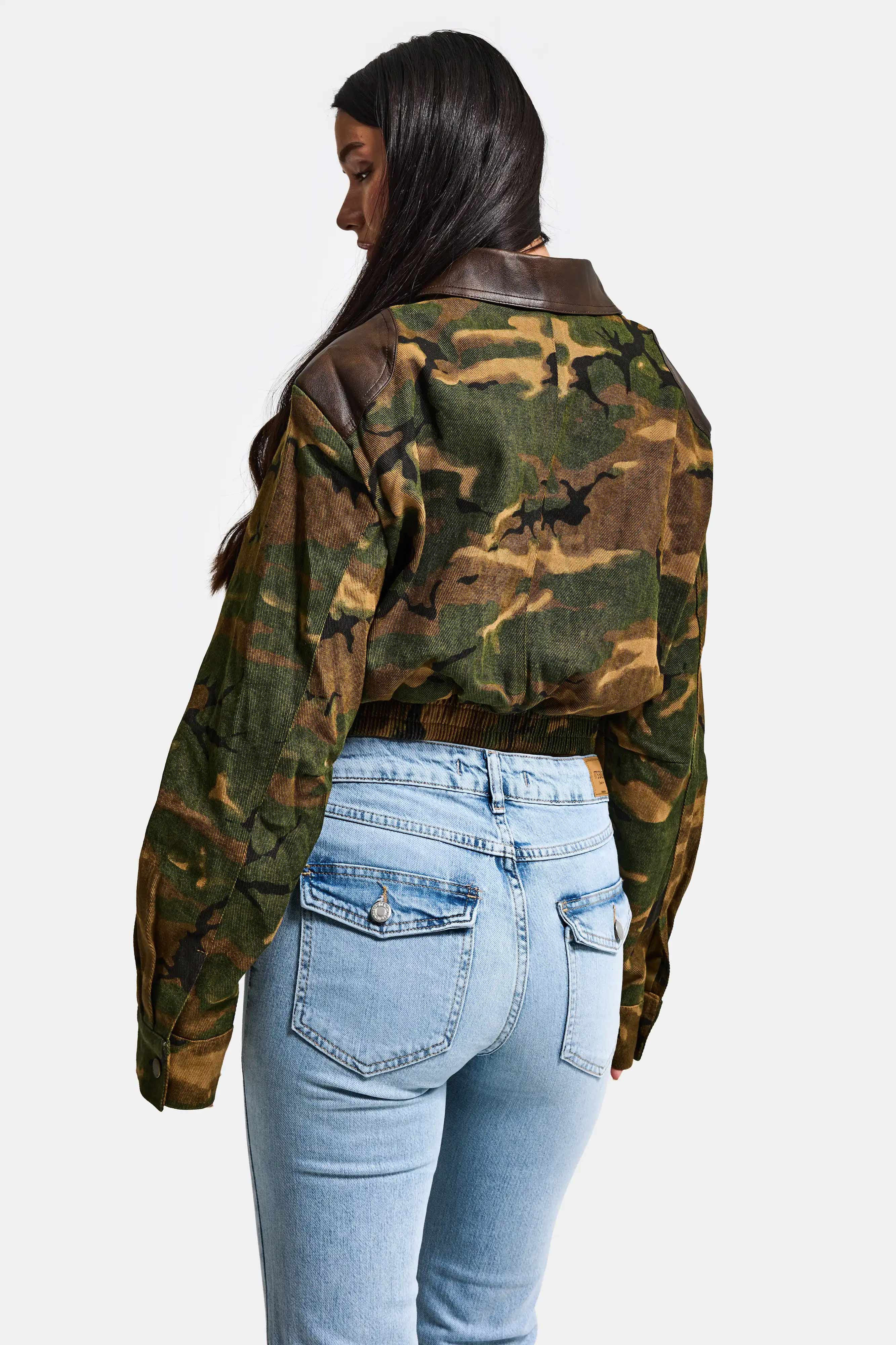 Kadın Kamuflaj w5 Bomber Deri Detaylı Özel Tasarım Kamuflaj Ceket