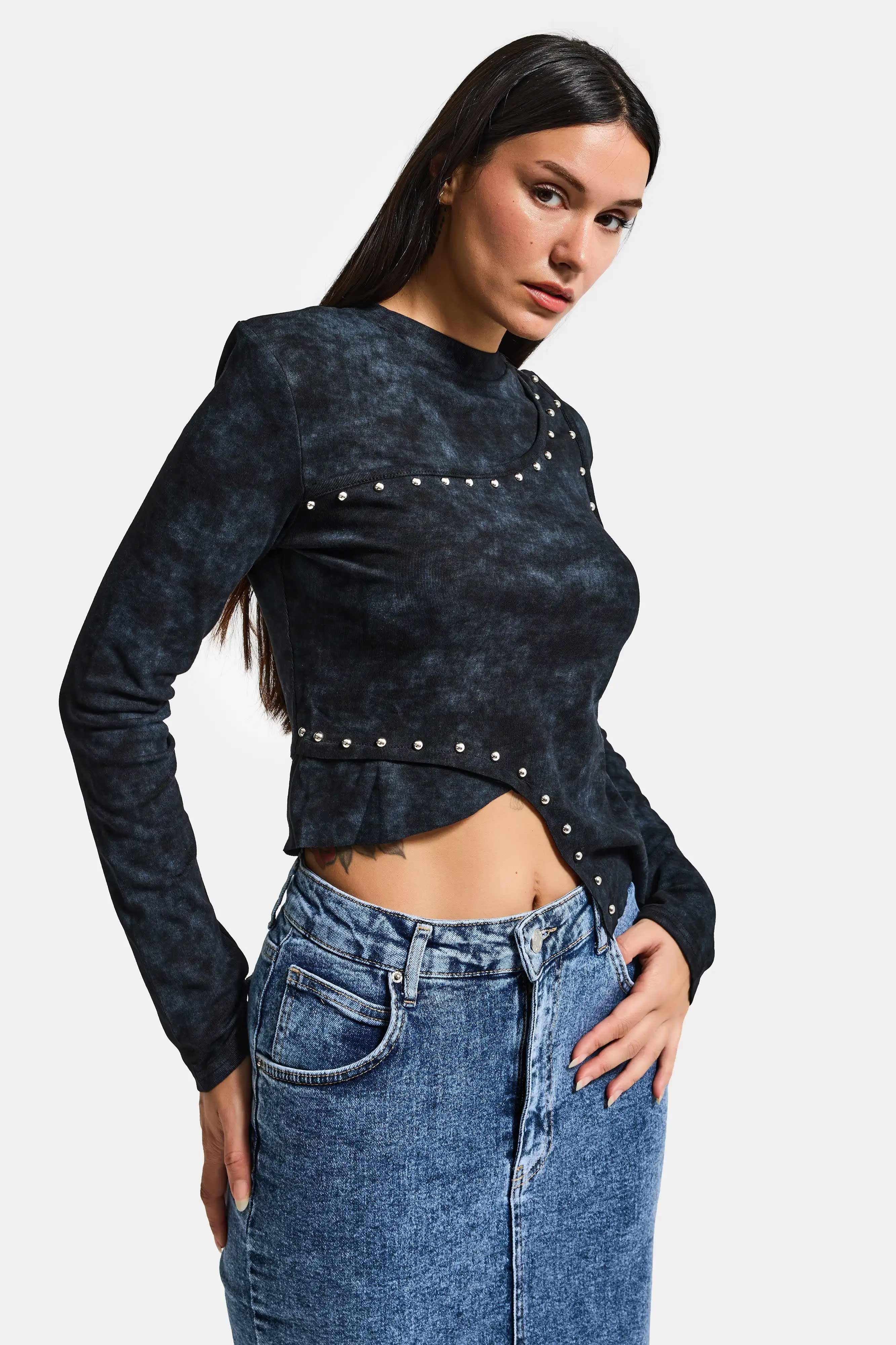 Kadın Siyah Antrasit w5 Asimetrik Kesim Drop Detaylı Özel Tasarım Crop Top