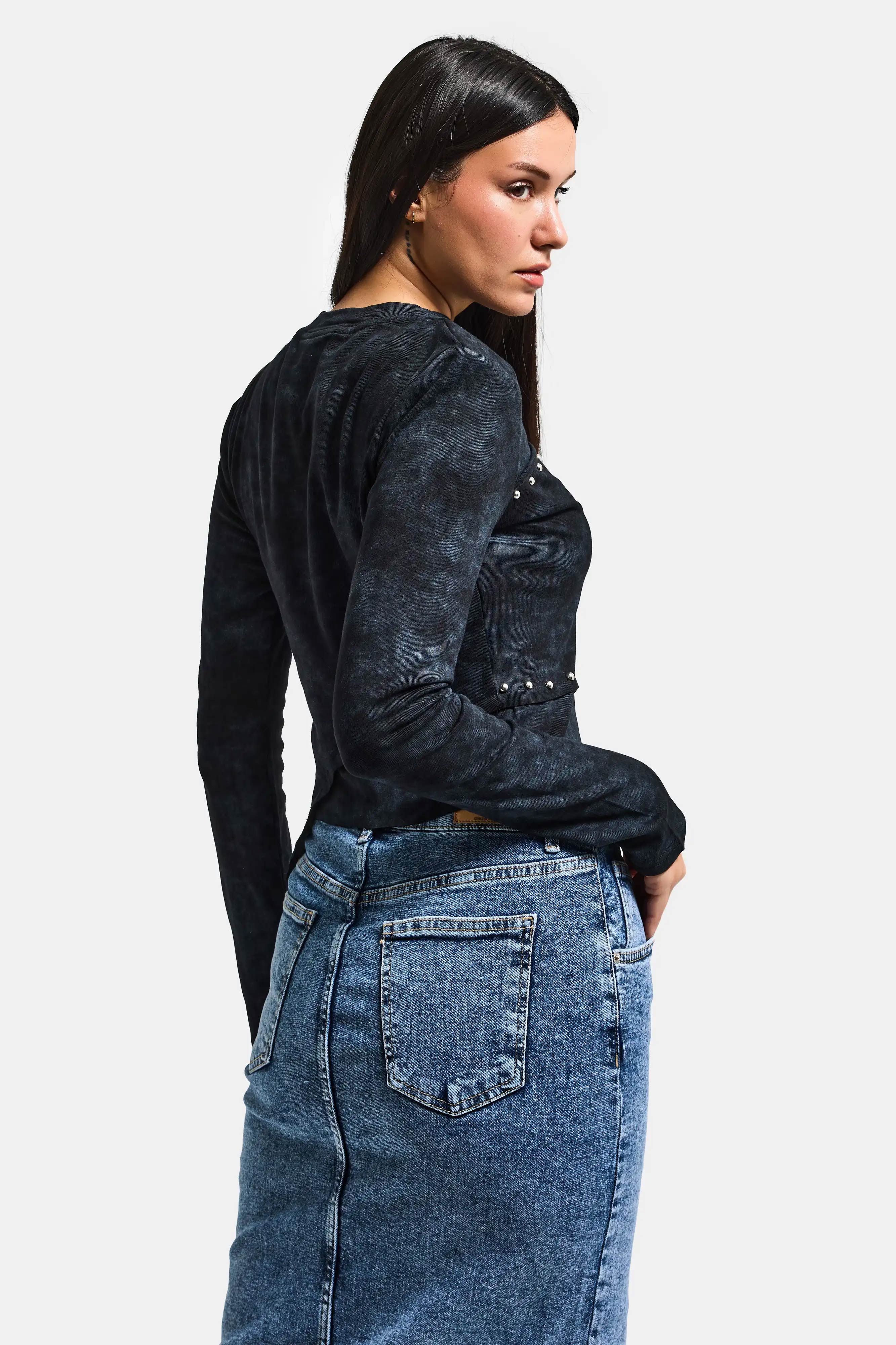 Kadın Siyah Antrasit w5 Asimetrik Kesim Drop Detaylı Özel Tasarım Crop Top