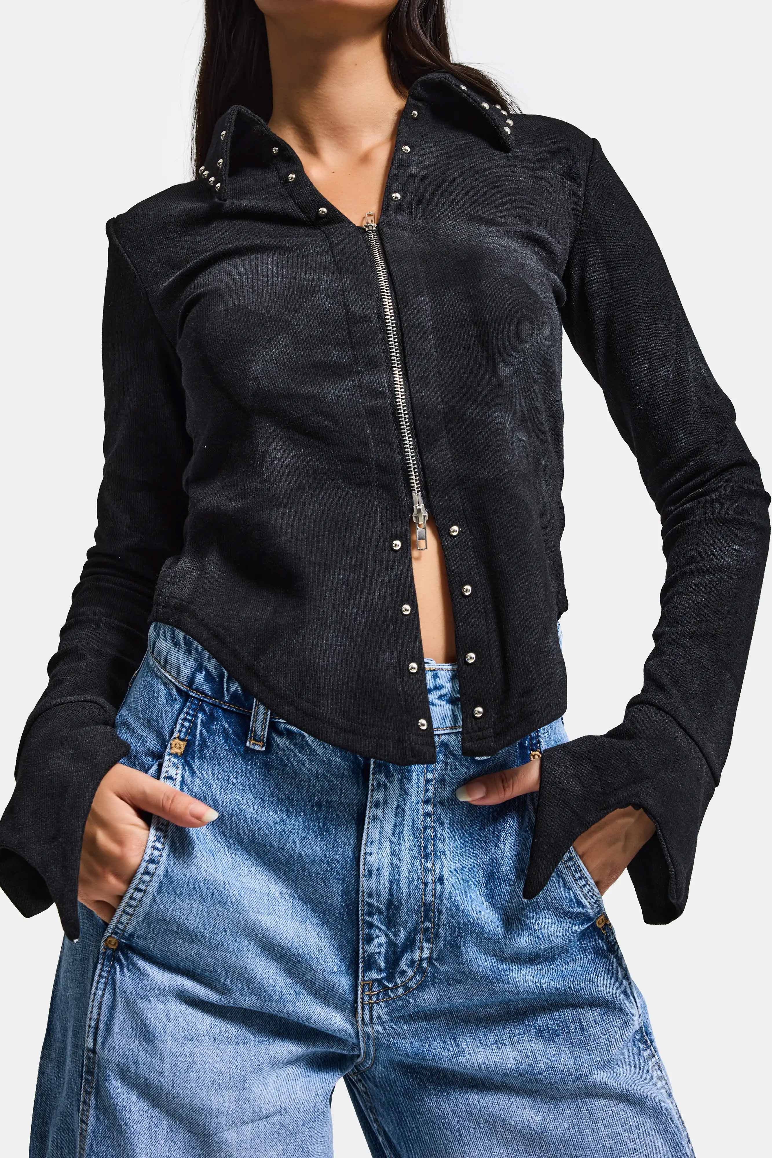 Kadın Siyah w5 Fermuar ve Drop Detaylı Özel Tasarım Crop Top