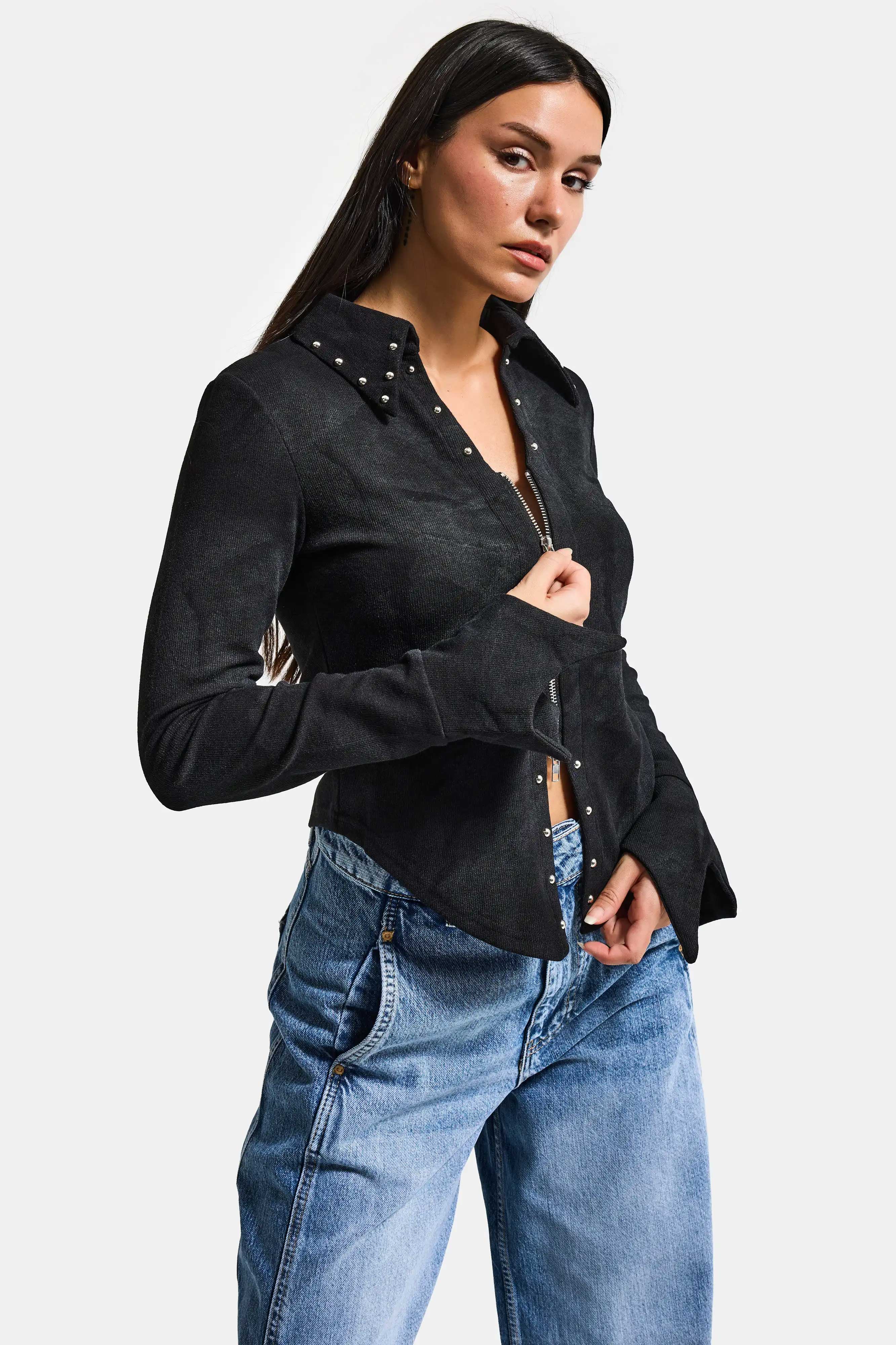 Kadın Siyah w5 Fermuar ve Drop Detaylı Özel Tasarım Crop Top