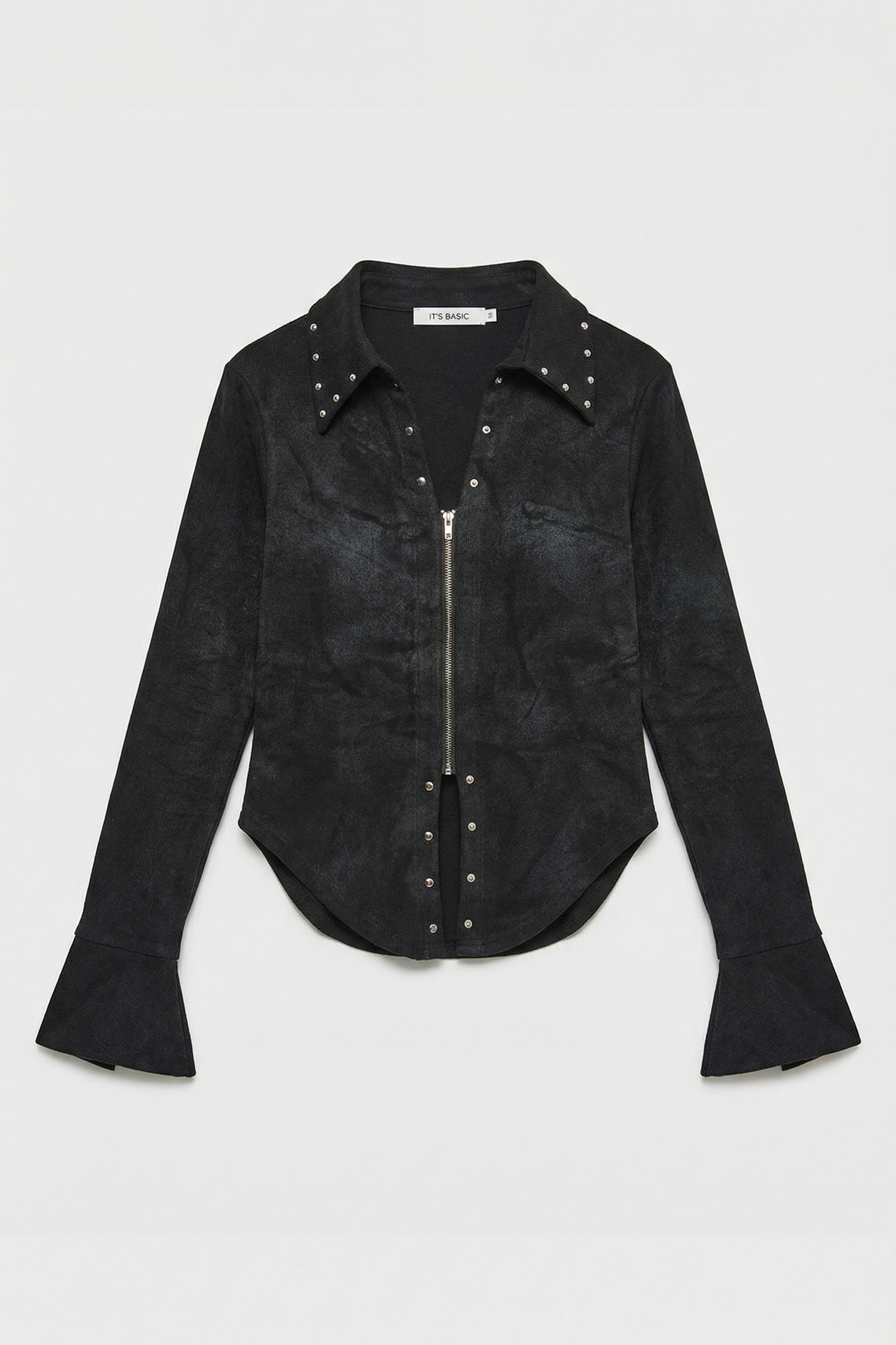 Kadın Siyah w5 Fermuar ve Drop Detaylı Özel Tasarım Crop Top