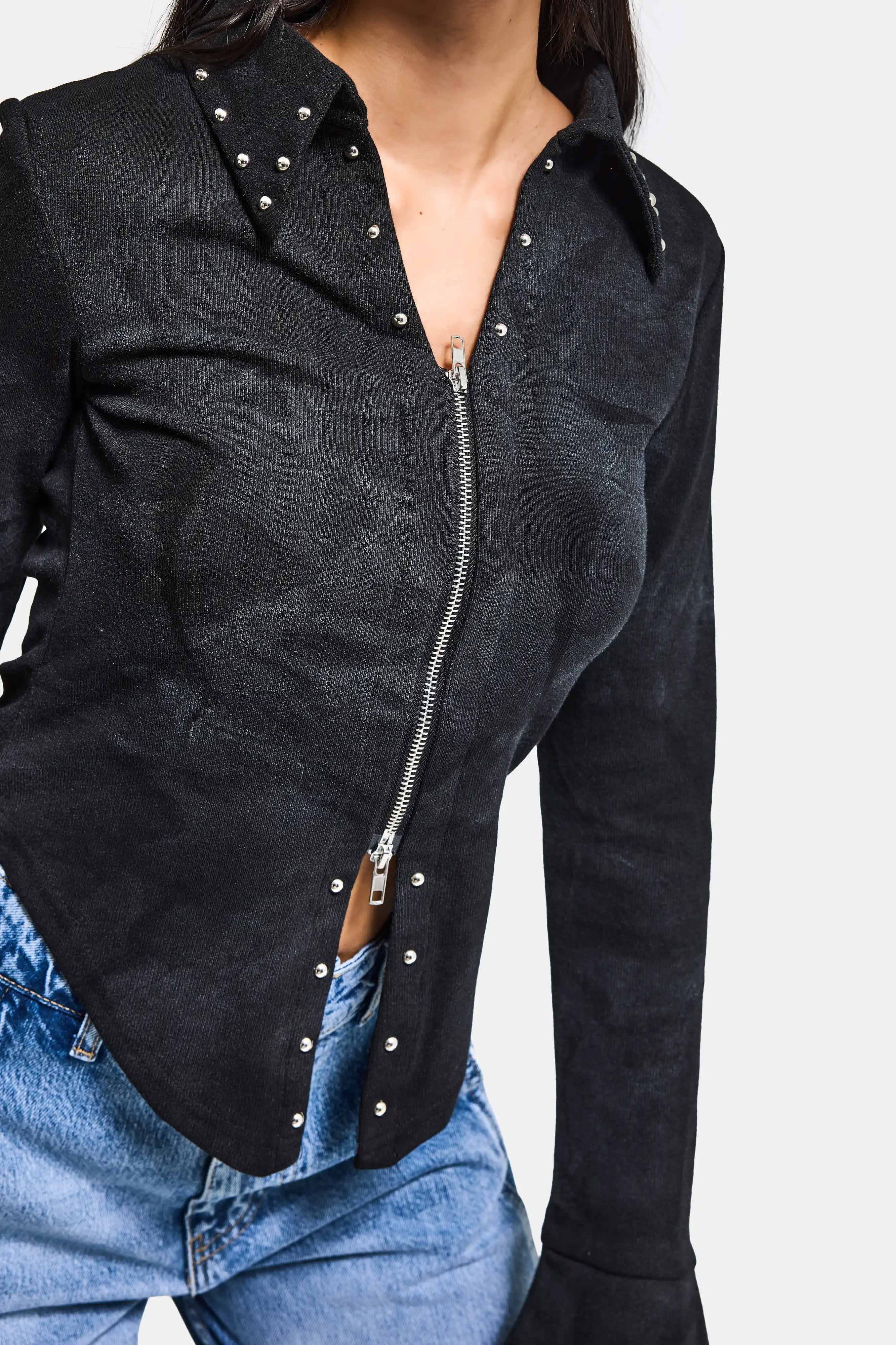 Kadın Siyah w5 Fermuar ve Drop Detaylı Özel Tasarım Crop Top