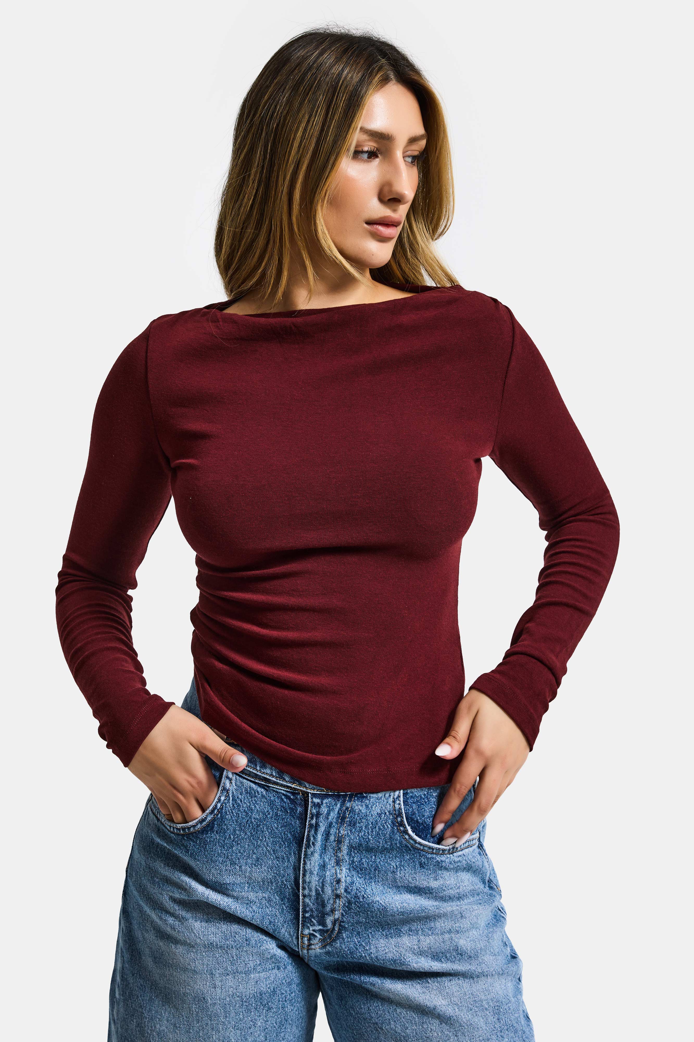 Kadın Bordo w5 %100 Pamuk Asimetrik Kesim Esnek Bluz Body