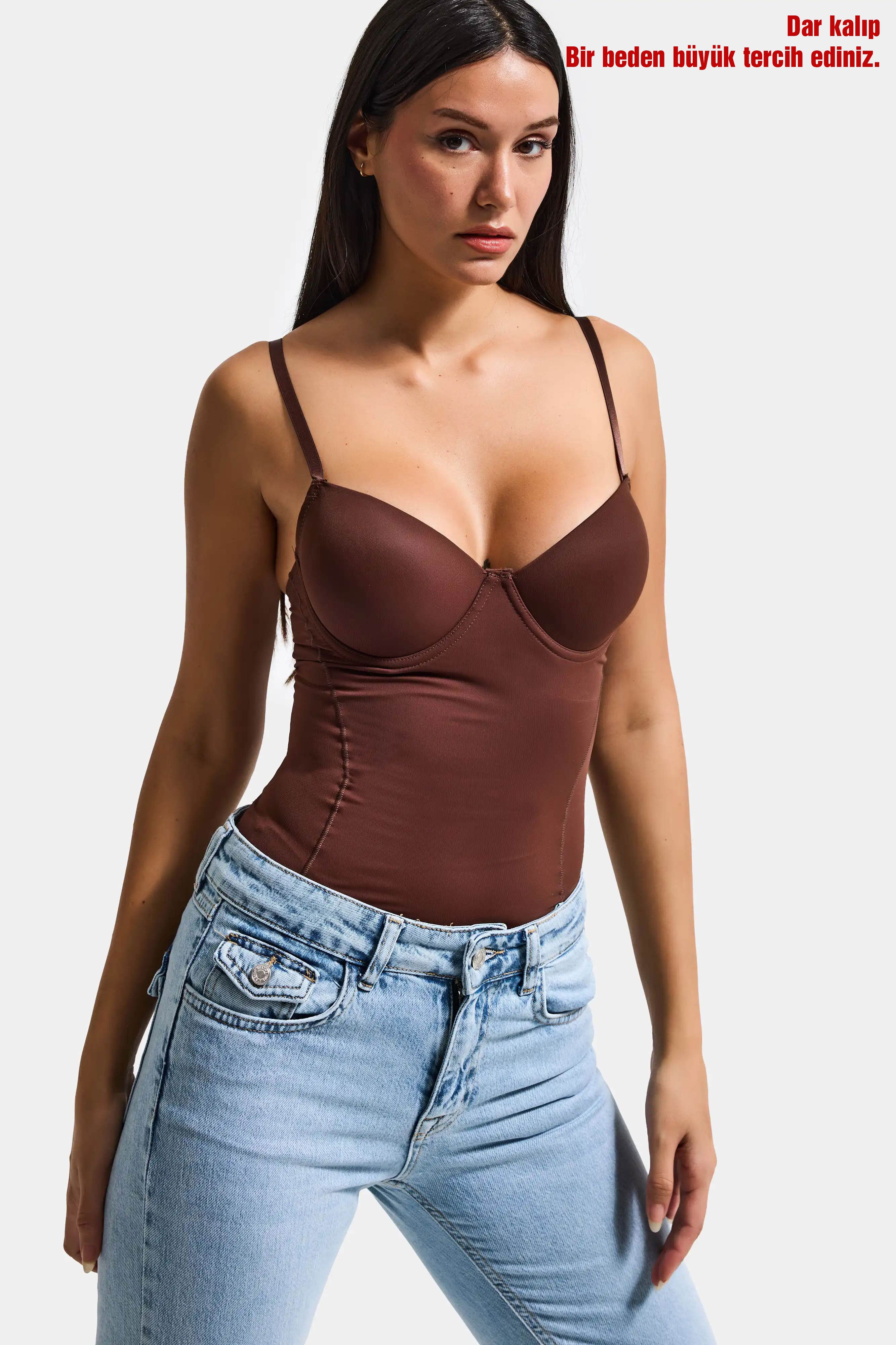 Kadın Kahve w5 Çıtçıtlı Toparlayıcı Dantel Detaylı Destekli Cup Tasarım Askılı Body