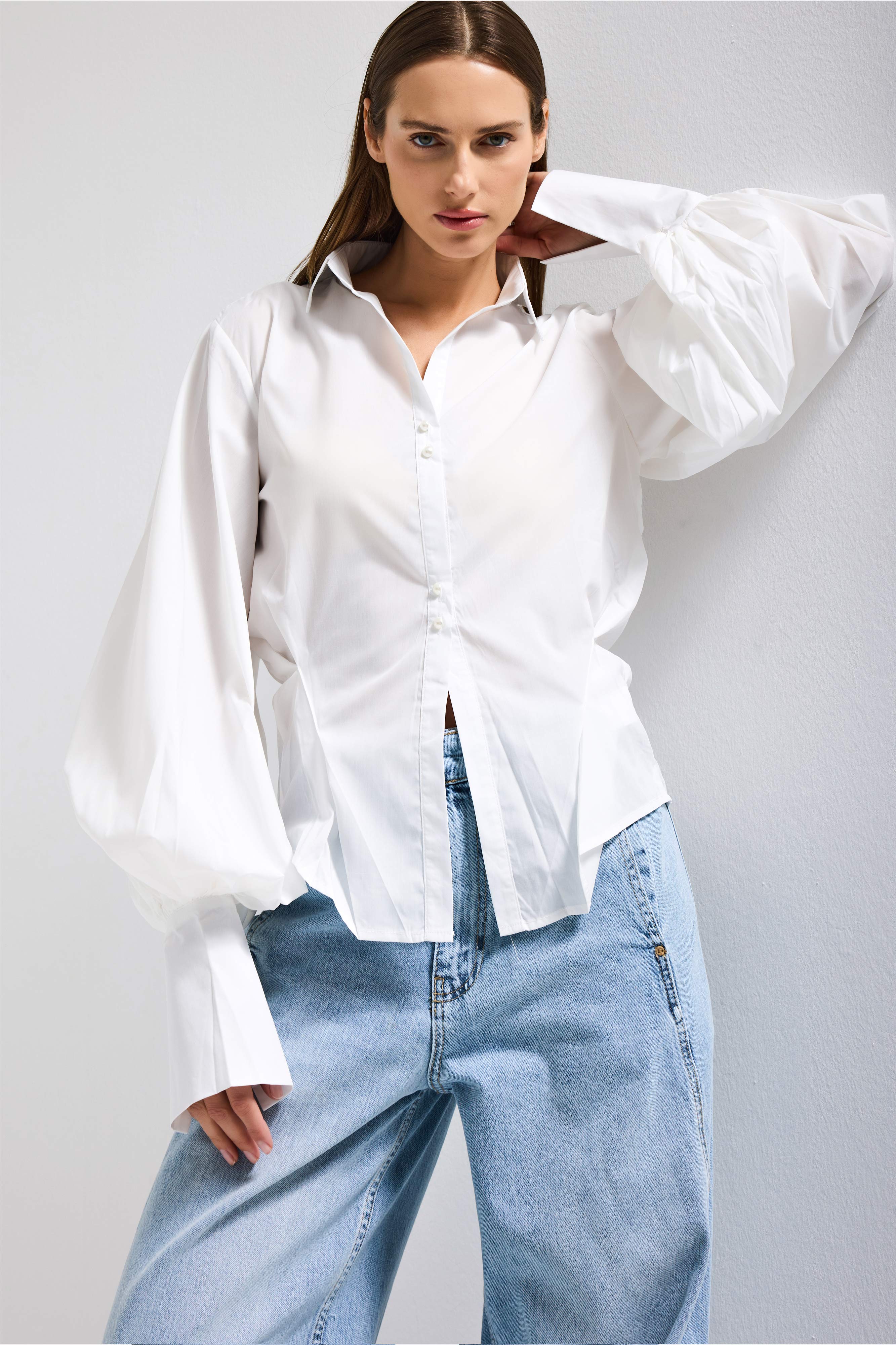 Kadın Beyaz w5 Balon Kol Pamuk Belden Oturtmalı Özel Tasarım Gömlek